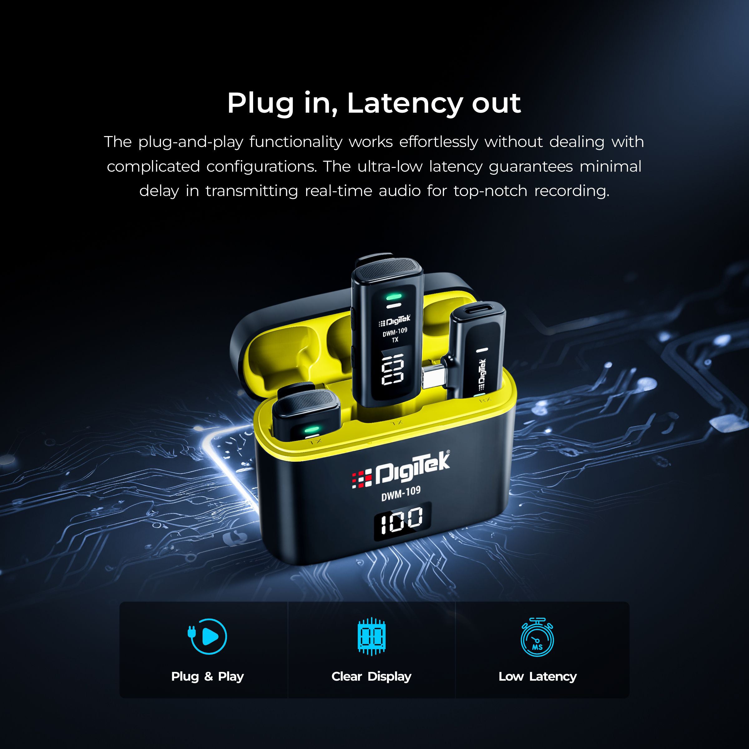 Digitek® DWM-109 2-in-1 Wireless Microphone System, 50m Range, 7Hr Battery, Type-C to Lightning Converter, 2.4GHz, Noise Reduction, for Android & iPhone, Record Meeting, Interviews & More