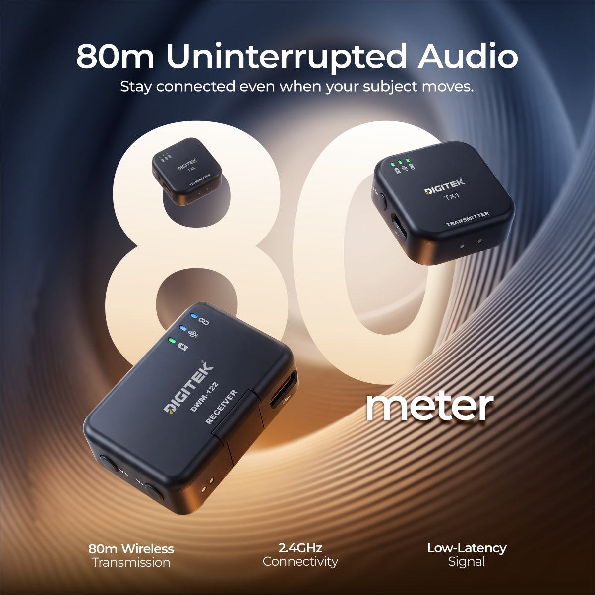 Digitek DWM 122 Wireless Microphone System with Wireless Audio Monitoring, TF Card Support, Type C & LTC Connector, 80M Range, 4.5Hr Run Time, Record with Android iOS Smartphone and DSLR for Vlogging, Interviews & Podcast