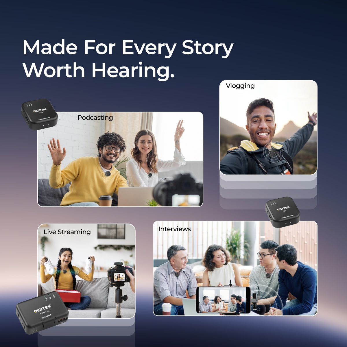 Digitek DWM 122 Wireless Microphone System with Wireless Audio Monitoring, TF Card Support, Type C & LTC Connector, 80M Range, 4.5Hr Run Time, Record with Android iOS Smartphone and DSLR for Vlogging, Interviews & Podcast
