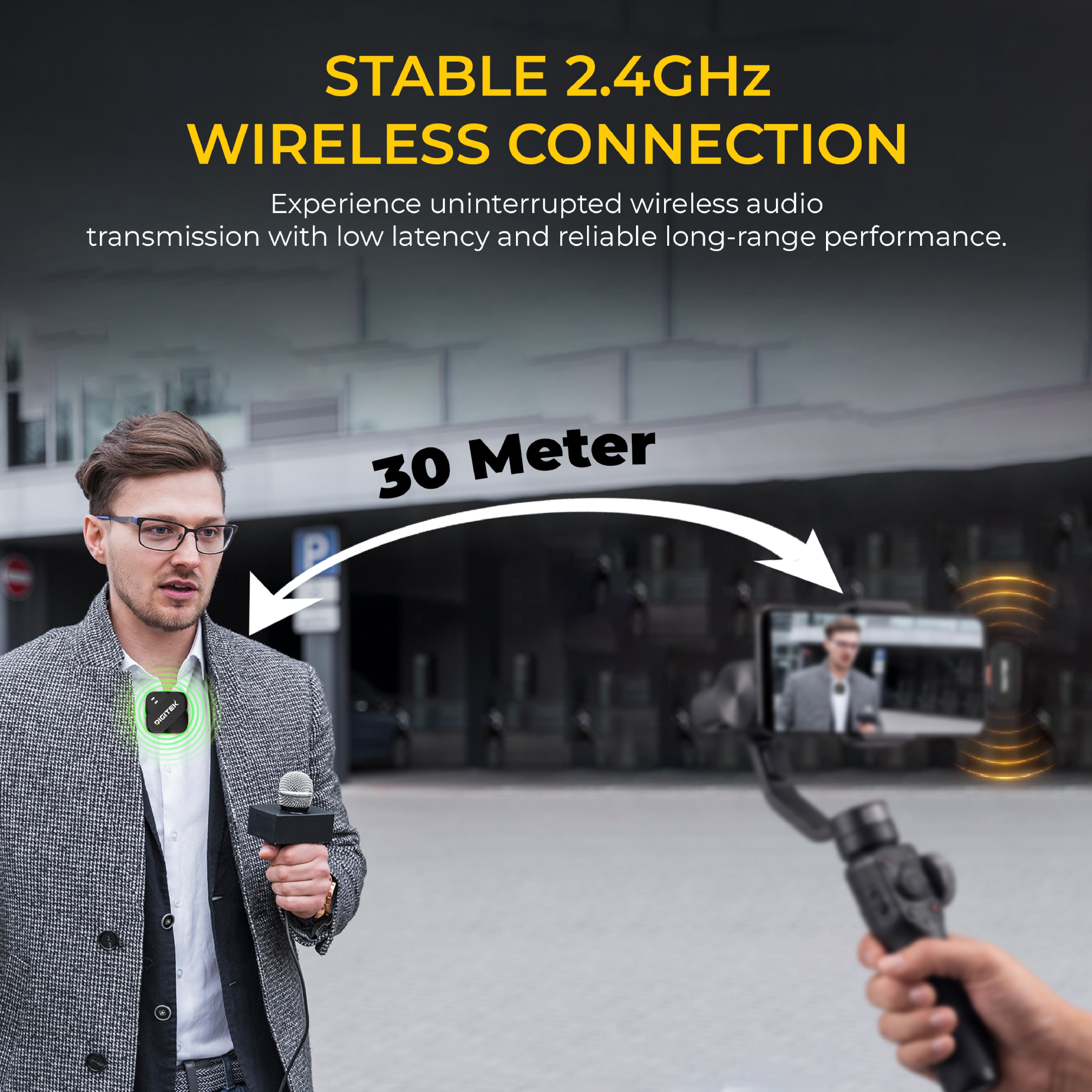 Digitek DWM-125 2-in-1 Wireless Microphone with Charging Case for iPhone 15 Series & USB-C Android Devices, Dual Transmitters, 2.4GHz Wireless, Noise Reduction, 30m Range, 6H Battery Life, Plug & Play