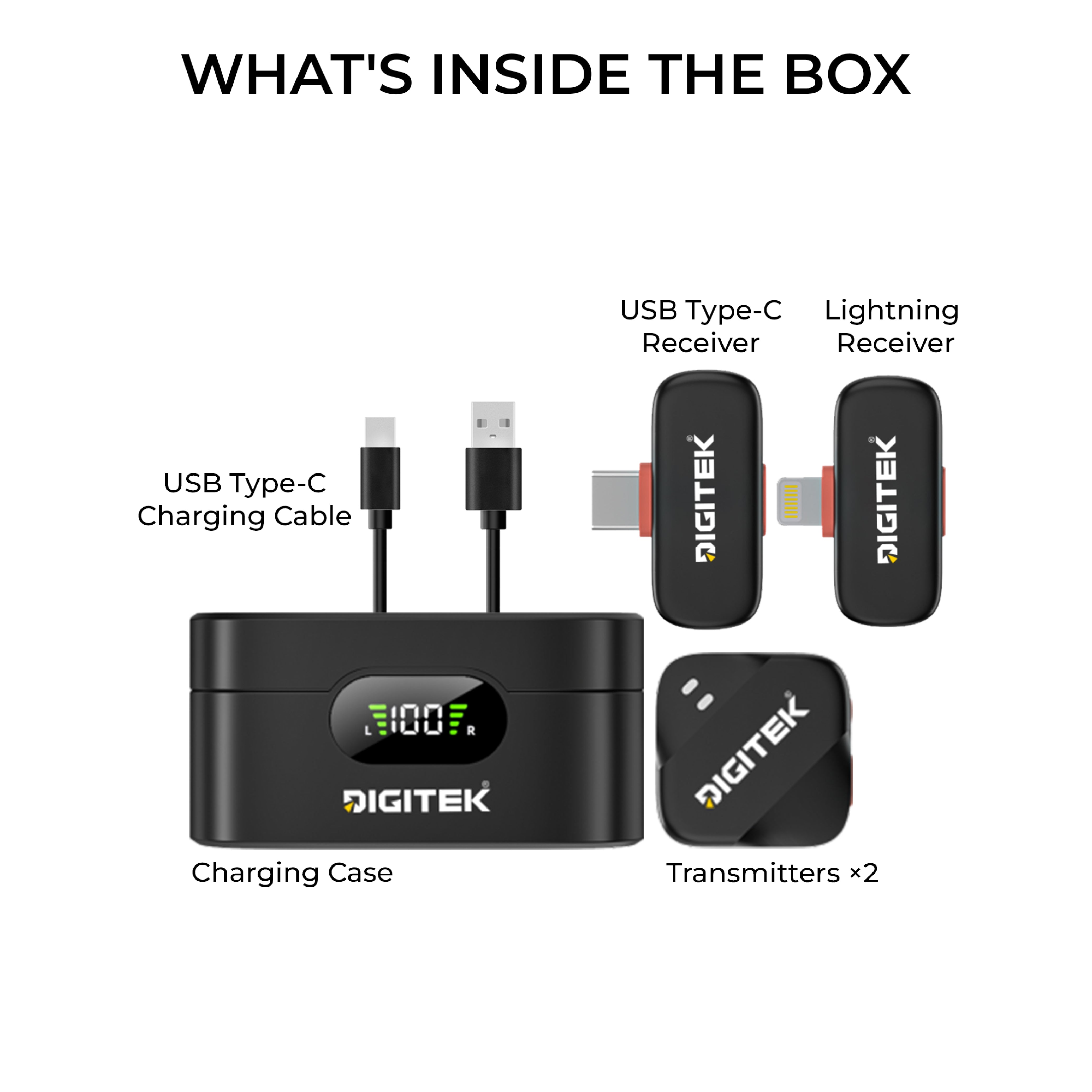 Digitek DWM-125 2-in-1 Wireless Microphone with Charging Case for iPhone 15 Series & USB-C Android Devices, Dual Transmitters, 2.4GHz Wireless, Noise Reduction, 30m Range, 6H Battery Life, Plug & Play