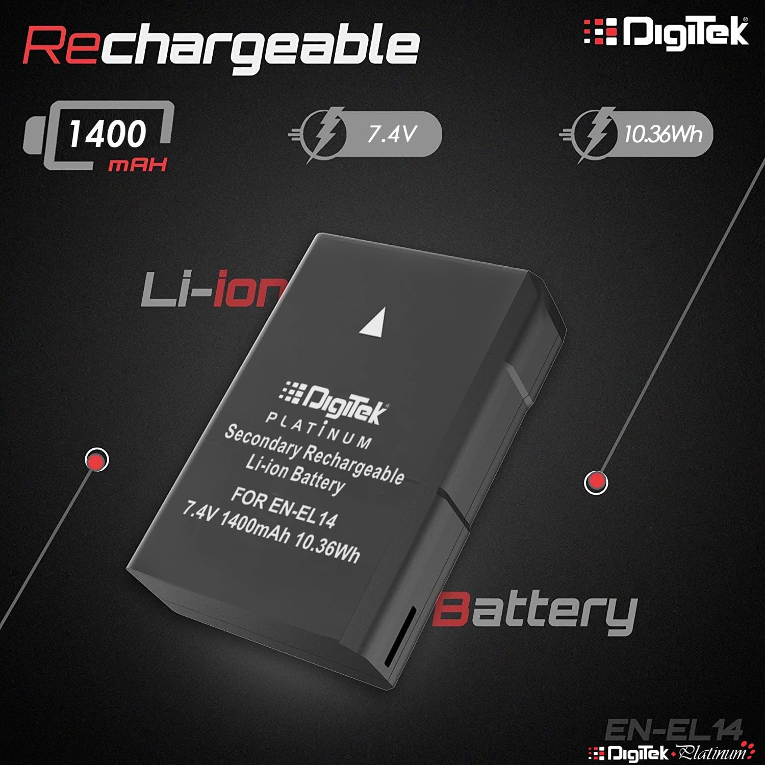 Digitek (ENEL14 Platinum) 1400 mAh Secondary Rechargeable Battery Packs for Digital Camera . Compatiable With Nikon D3100 D3200 D3300 D3400 D3500 D5100 D5200 D5300 D5500 D5600 & COOLPIX P7000 P7100 P7700 & P7800.