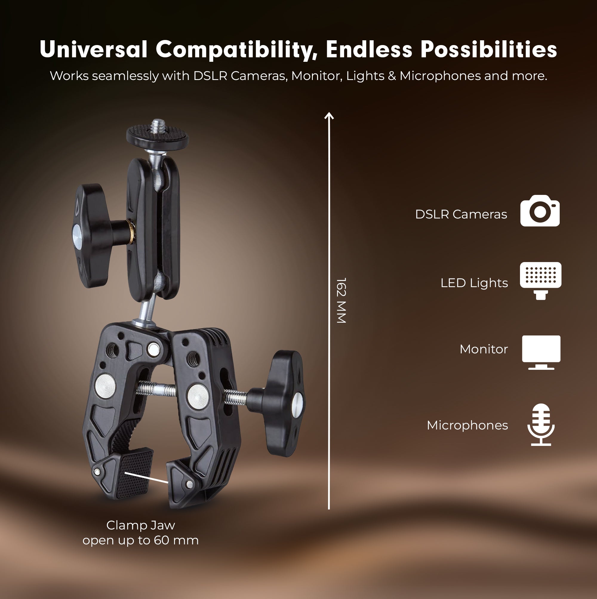 Digitek (DCC-01) Action Camera Mount, Super Clamp Mount with 1/4" & 3/8" Scew for LED Light, Microphone, 360° Double Ballhead Magic Arm with Mobile Holder