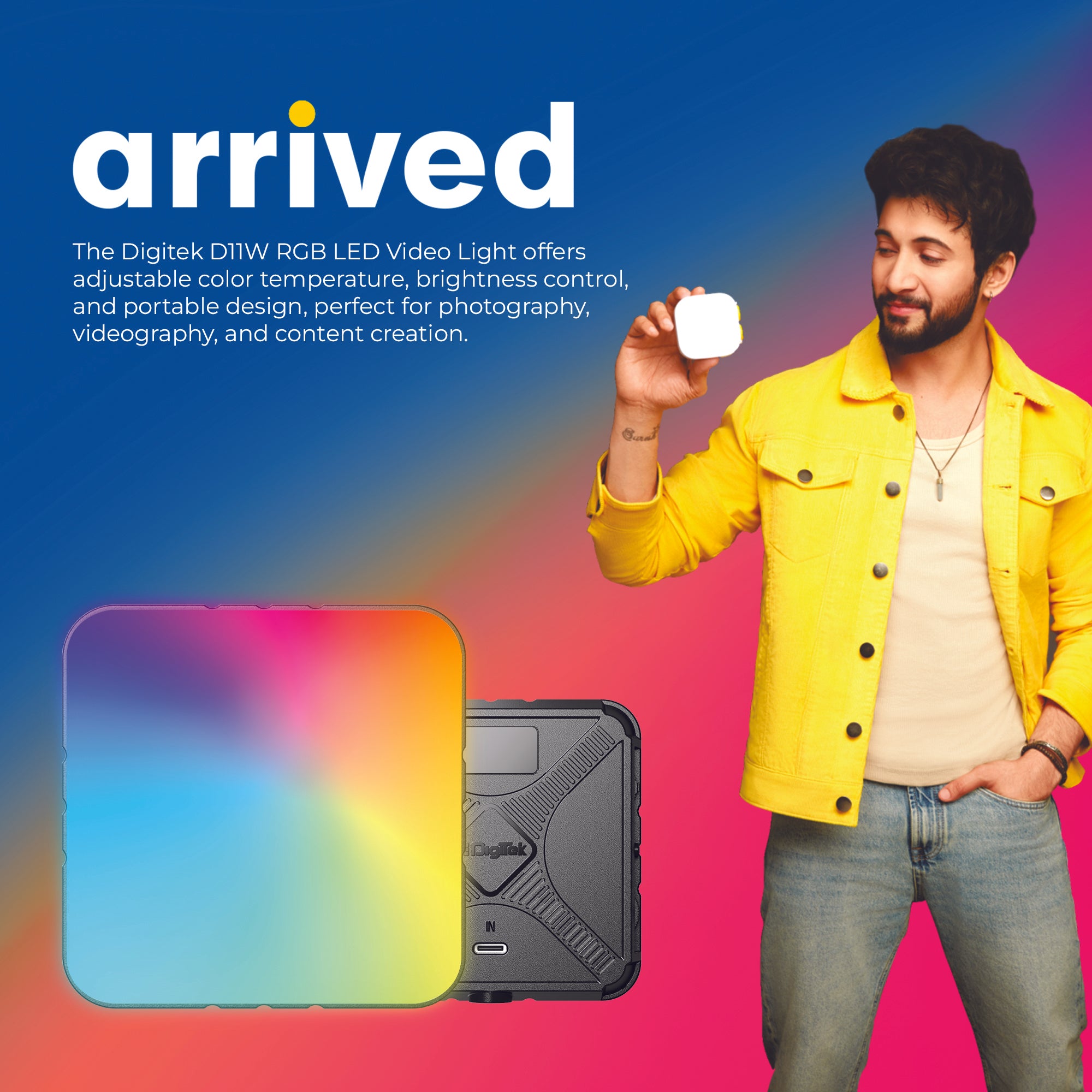 DIGITEK (LED-D11W RGB) 11W Portable Mini RGB LED Video Light with 2000mAh Battery, 21 Lighting Effects, 2500K–9900K CCT, HSI 0–360°, 120° Beam, CRI <95, 1/4" Mount, For Photography & Videography