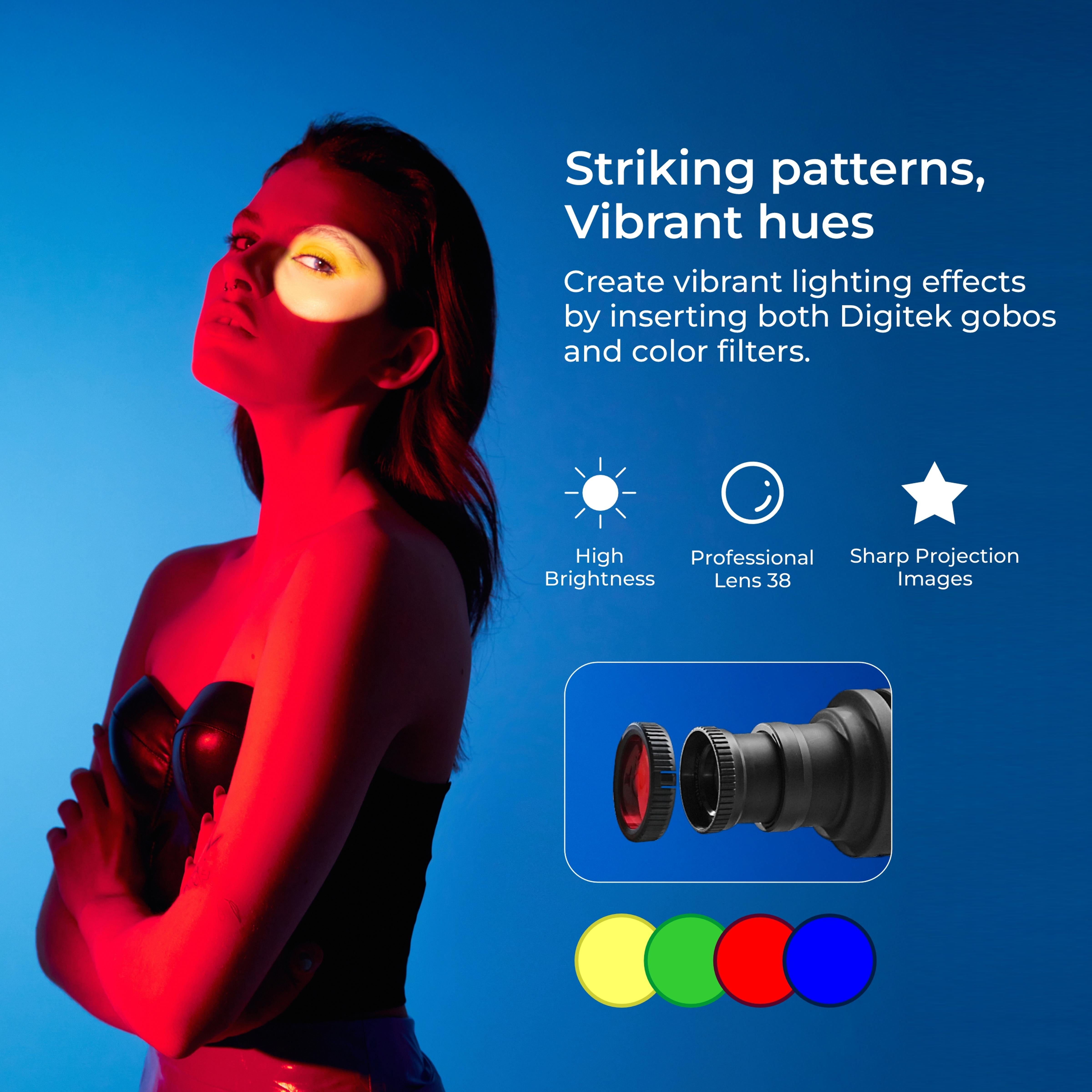 Digitek (DS-240) Bowens Mount Optical Snoot Projector Kit with Gobo Frame & 4 Color Films, 6 Stainless Gobo Patterns, 38° Lens for LED Lights, Sharp Image Projection, Fit for LED Continuous Lights.