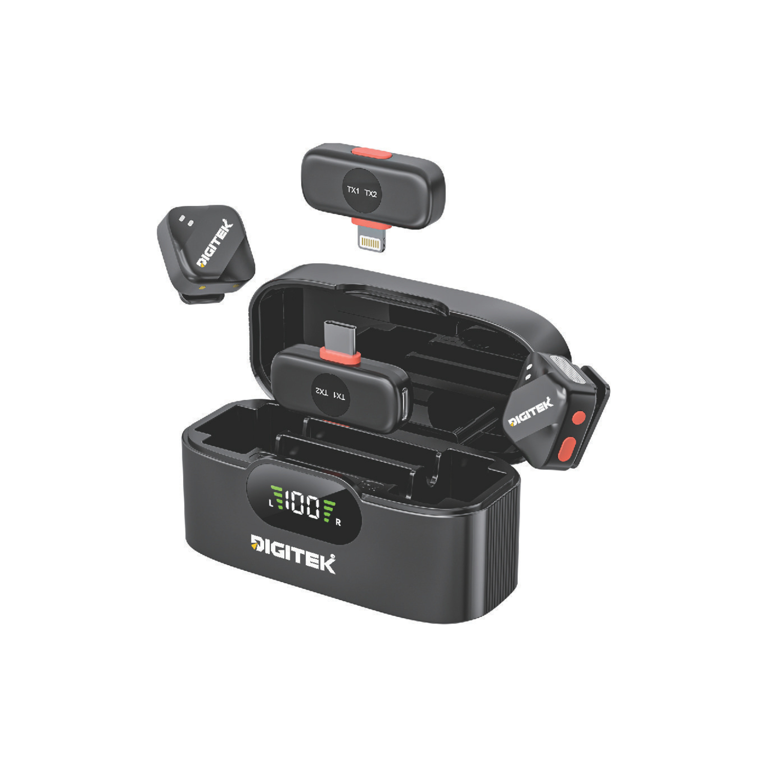 Digitek DWM-125 2-in-1 Wireless Microphone with Charging Case for iPhone 15 Series & USB-C Android Devices, Dual Transmitters, 2.4GHz Wireless, Noise Reduction, 30m Range, 6H Battery Life, Plug & Play