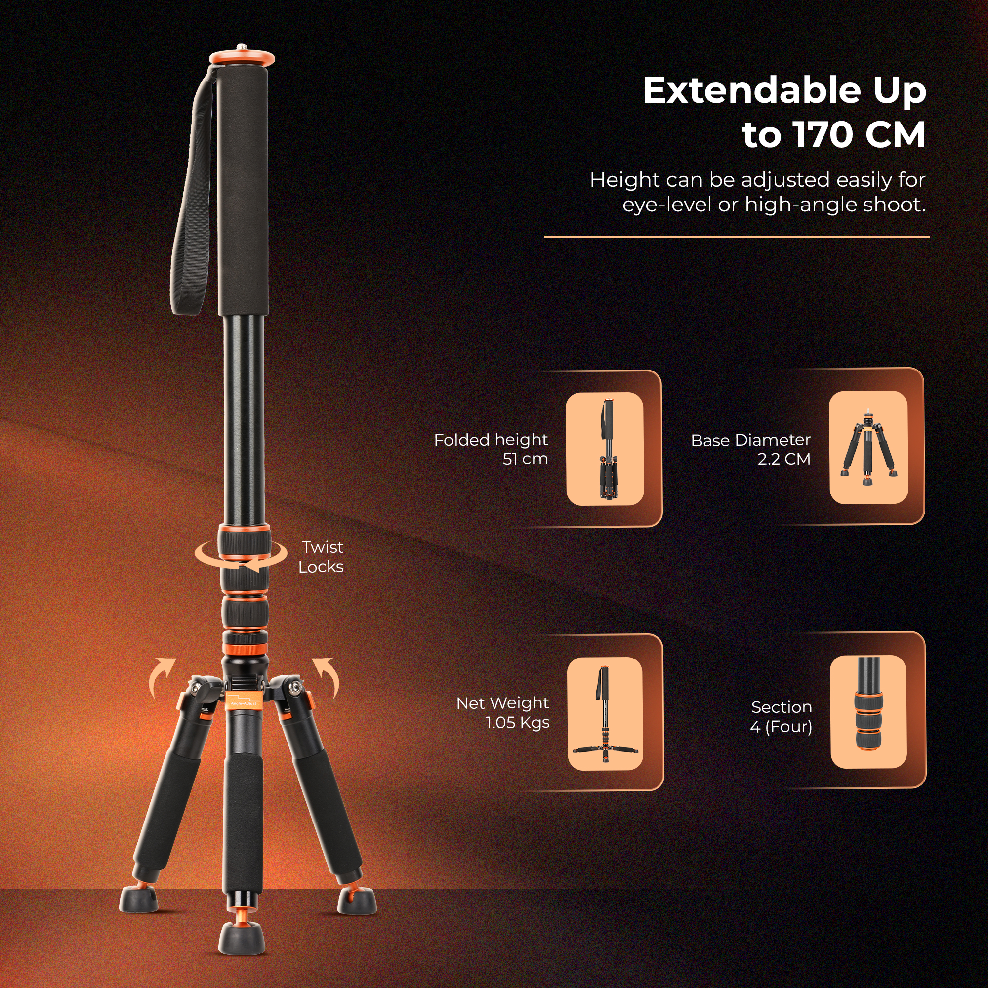 Digitek Platinum (DPMP 170) Portable Monopod with Twist Lock, 170cm Height, 3/8 & 1/4 Screw, Stable 3-Leg Base, 4-Section Adjustment, Strong Grip, Compatible with DSLR, GoPro, Smartphone Mounts & Gimbals, For Photo & Videography