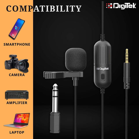 Digitek (DM 01) Lavalier Condenser Microphone with Battery & 20ft Audio Cable for Smartphones | DSLR Cameras | PC with Omnidirectional Condenser for Content Creation | Vlogging | Recording | YouTube and More - Digitek