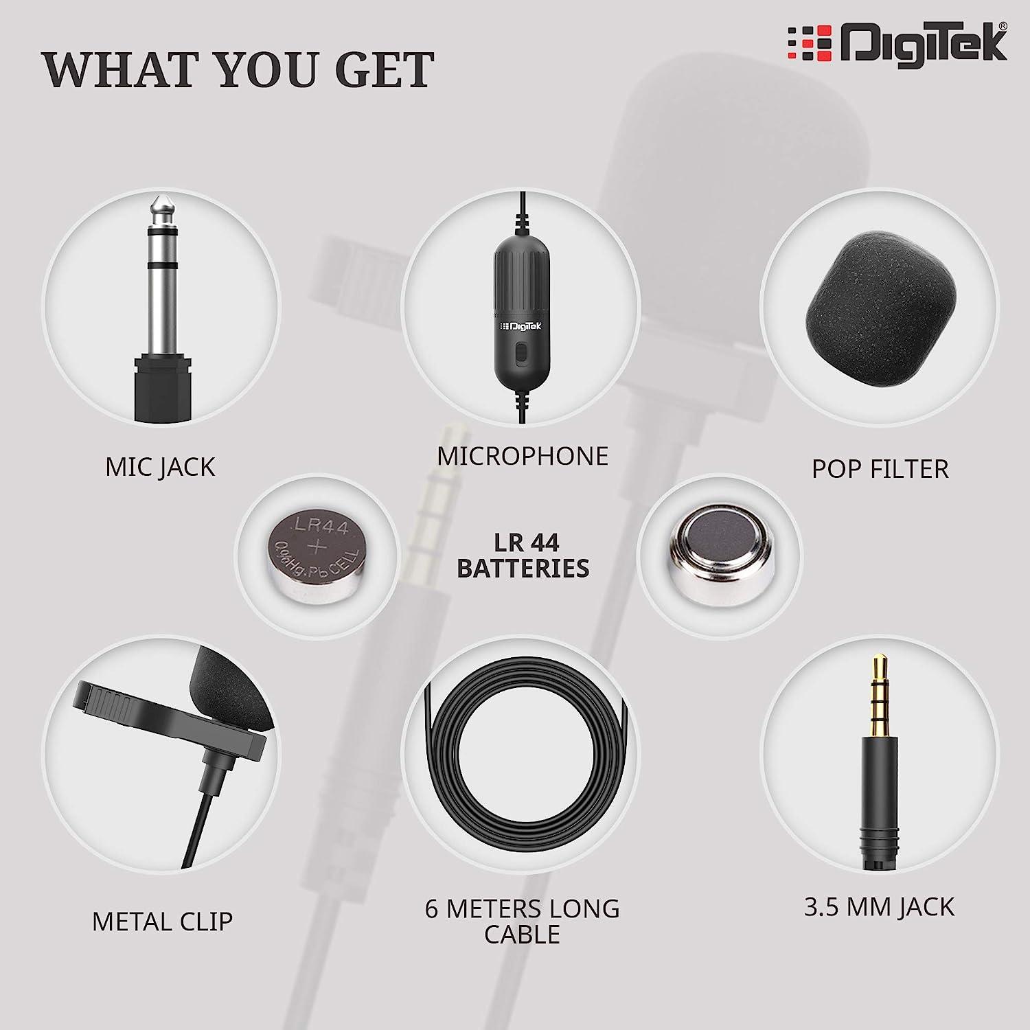 Digitek (DM 01) Lavalier Condenser Microphone with Battery & 20ft Audio Cable for Smartphones | DSLR Cameras | PC with Omnidirectional Condenser for Content Creation | Vlogging | Recording | YouTube and More - Digitek