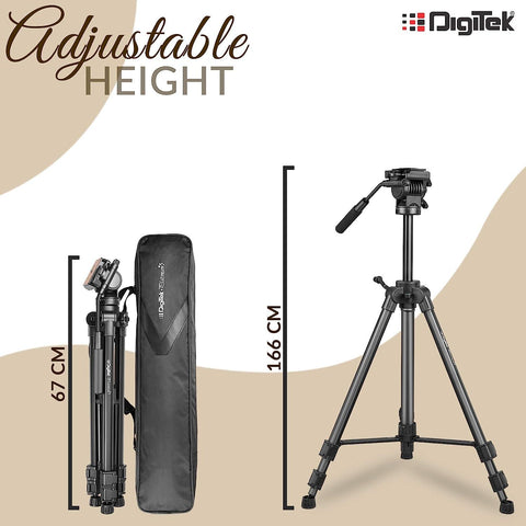Digitek (DPTR 880 PRO) (165 cm) Platinum Aluminum Light Weight Tripod, with Fluid Video Head, for DSLR & Video Cameras, Maximum Operating Height: 5.90 Feet, Maximum Load : 6 kgs (Black) - Digitek