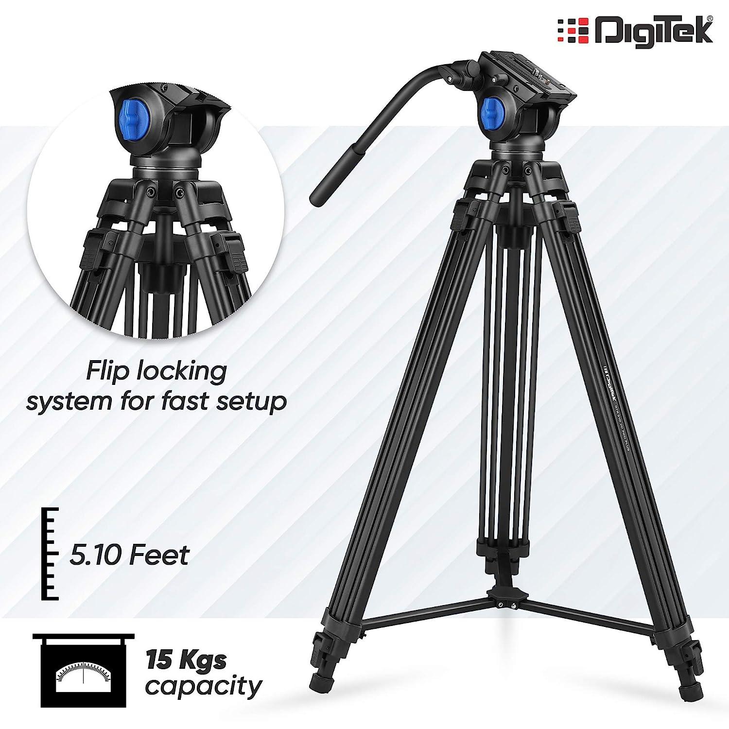 Digitek (DTR-510VD PRO PLUS, 70 Inch) Professional Video Aluminium Tripod with Multipurpose Head for Low Level Shooting, Panning for All DSLR Camera, Maximum Height 5.10 Feet, Load Capacity 15kgs (DTR-510VD PRO PLUS, 70 Inch) - Digitek