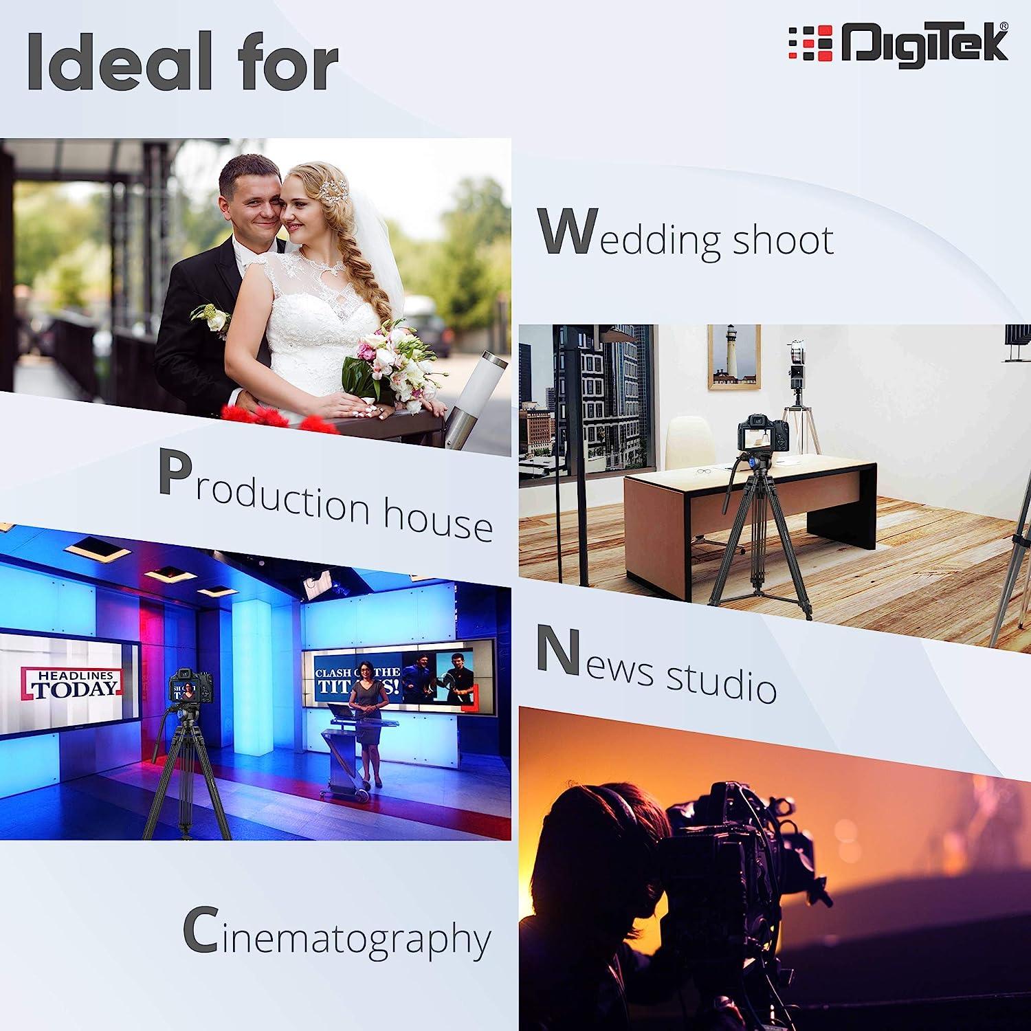 Digitek (DTR-510VD PRO PLUS, 70 Inch) Professional Video Aluminium Tripod with Multipurpose Head for Low Level Shooting, Panning for All DSLR Camera, Maximum Height 5.10 Feet, Load Capacity 15kgs (DTR-510VD PRO PLUS, 70 Inch) - Digitek
