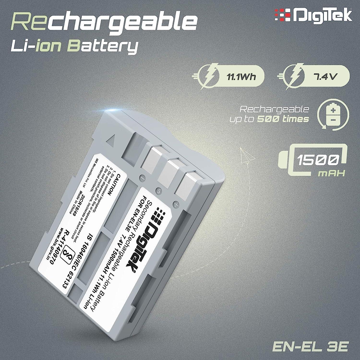 Digitek (ENEL 3E) Rechargeable Li-ion (1500mAh) Battery Packs for Nikon Digital Camera, Compatibility - D700, D300, D300S, D200, D100, D90, D80, D70 & D50 - Digitek