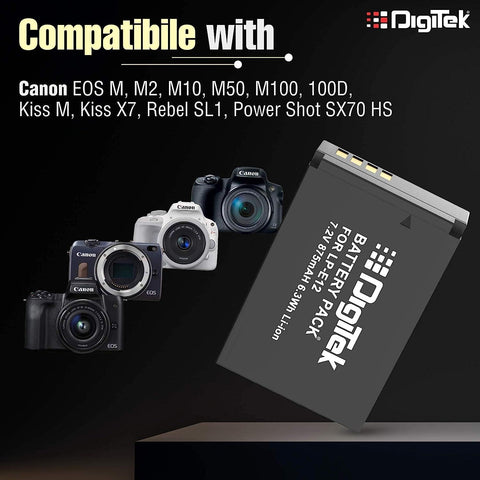 Digitek (LP E12) Lithium-ion Rechargeable Battery Pack for DSLR Camera, Compatibility - EOS M Series, 100D, Kiss M, Kiss X7, Rebel SL1, Power Shot SX70 HS - Digitek