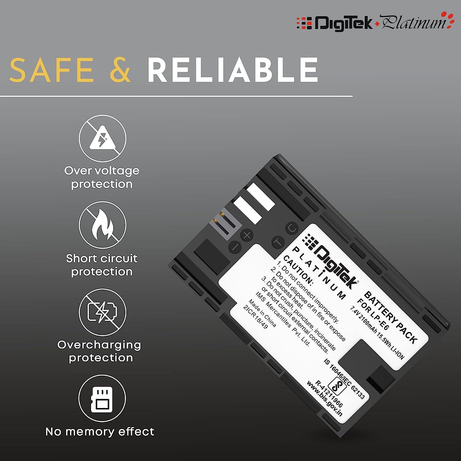 Digitek (LP-E6 Platinum) 2100mAh Rechargeable Lithium-ion Battery for Canon DSLR Camera | Compatibility - EOS SD Mark III, Mark II, EOS 7D, EOS 6D, 60D, 70D - Digitek