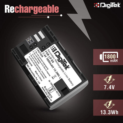 Digitek (LP-E6) Secondary Li-ion Rechargeable Battery for DSLR Camera, Compatibility - EOS 5D Mark IV, EOS 5Ds, 5DS R, EOS 6D, EOS 6D Mark II, EOS 7D, EOS 7D Mark II and More - Digitek