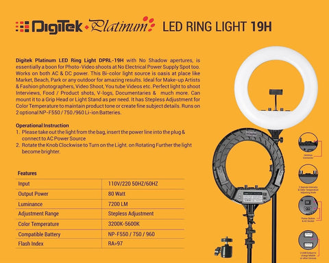 Digitek Platinum (DPRL-19H) Professional LED Ring Light Runs on AC/DC Power with No Shadow apertures, Ideal use for Makeup, Video Shoot, Fashion Photography & Many More - Digitek