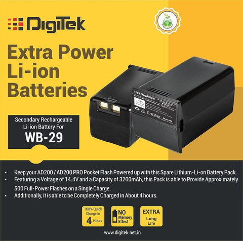 Digitek (WB29) 3200mAh Secondary Rechargeable Lithium Battery Pack for AD200 / AD200Pro Pocket Flash - Digitek