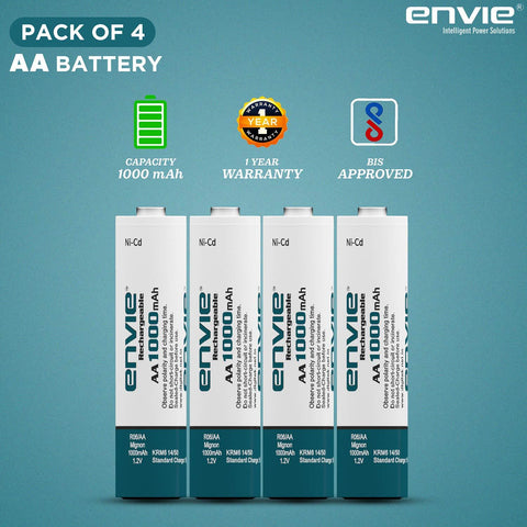 ENVIE (AA10004PLNi-CD) AA Rechargeable Batteries, Low Self Discharge, AA 1000mAh Ni-CD (Pack of 4) - Digitek