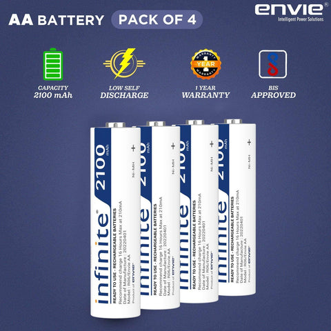 ENVIE (AA2100 4PL) Pack of 4, AA Ni-Mh 2100mAh Capacity Rechargeable Battery - Digitek