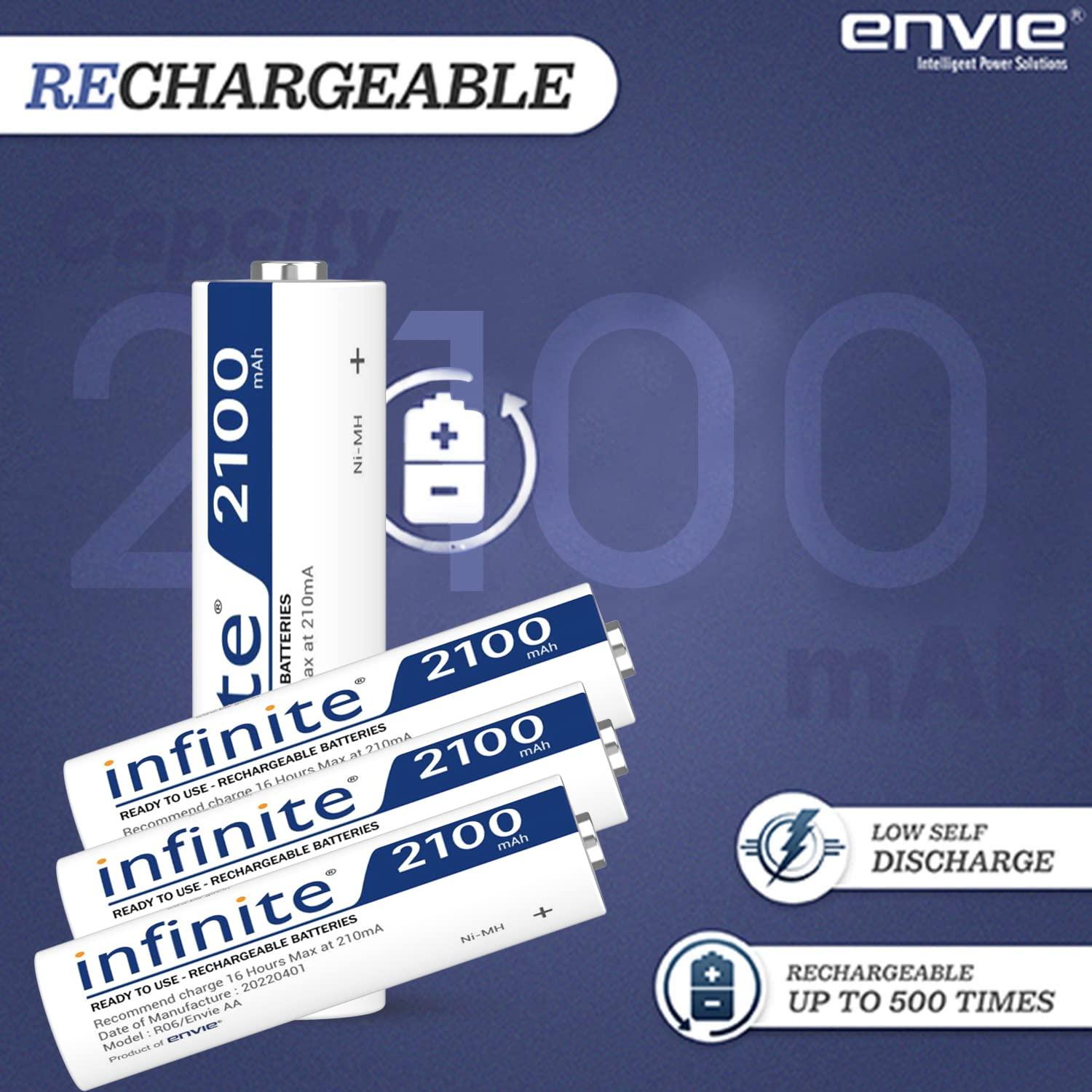 ENVIE (AA2100RTU4PL) Infinite AA Rechargeable Batteries | High-Capacity Ni-MH | 2100 mAh | Low Self Discharge | (Pack of 4) - Digitek