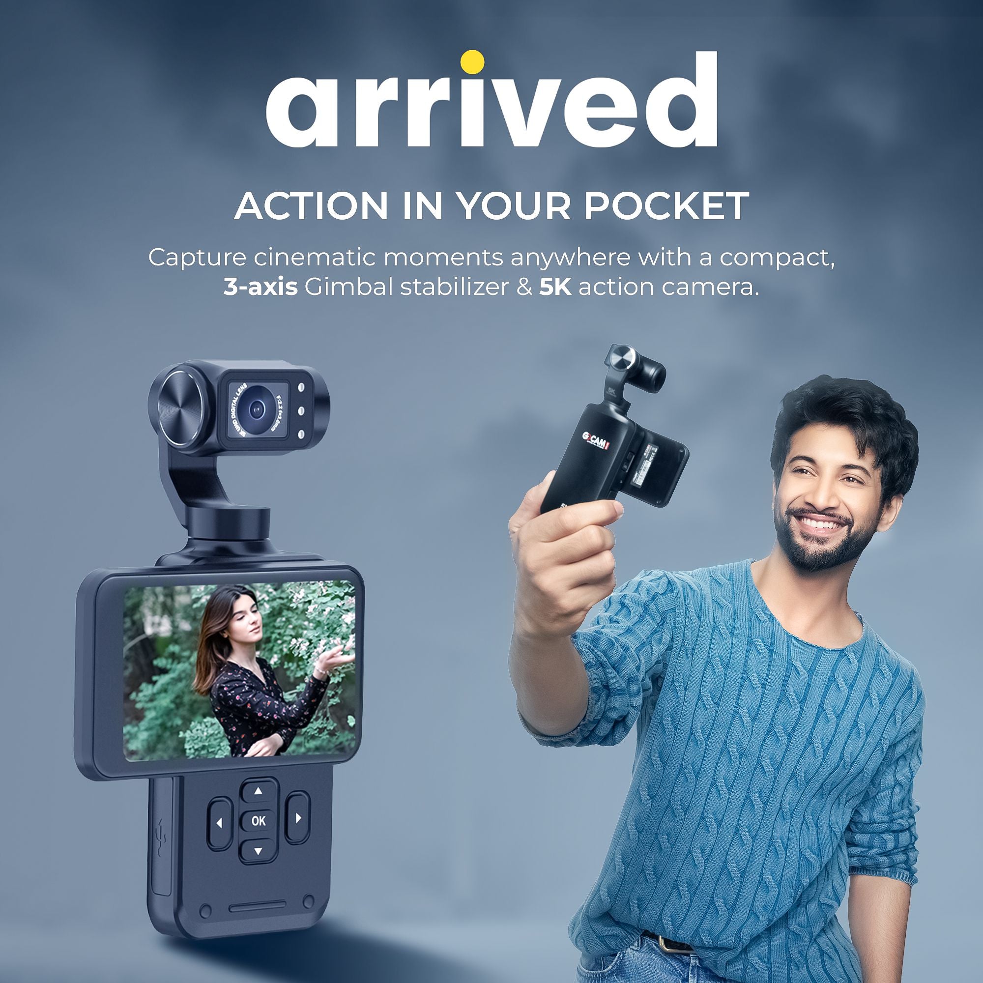Digitek (DAC 202) 5K 3-Axis Handheld Action Camera with AI Face Tracking, 3.5” Rotating Screen, 48MP Sensor, Wi-Fi, Night Vision & External Mic Support