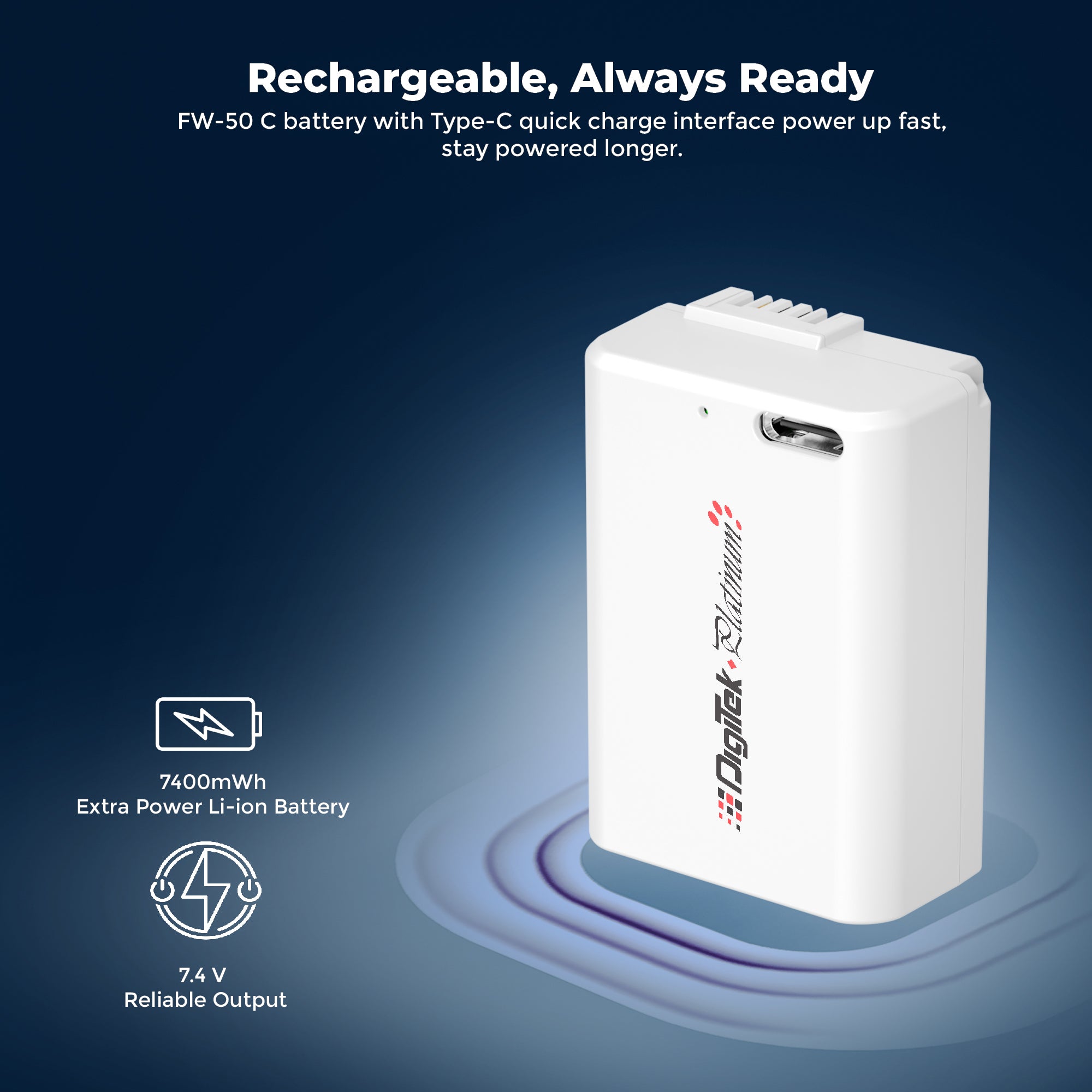 Digitek Platinum (NP-FW50) 2100mAh Extra Power Li-ion Battery with Type-C Charging, For Sony Alpha A6000, A6100, A6300, A6400, A6500, A7, A7R, A7S, A7 II, A7R II, A7S II, RX10, RX10 II, RX10 III, RX10 IV