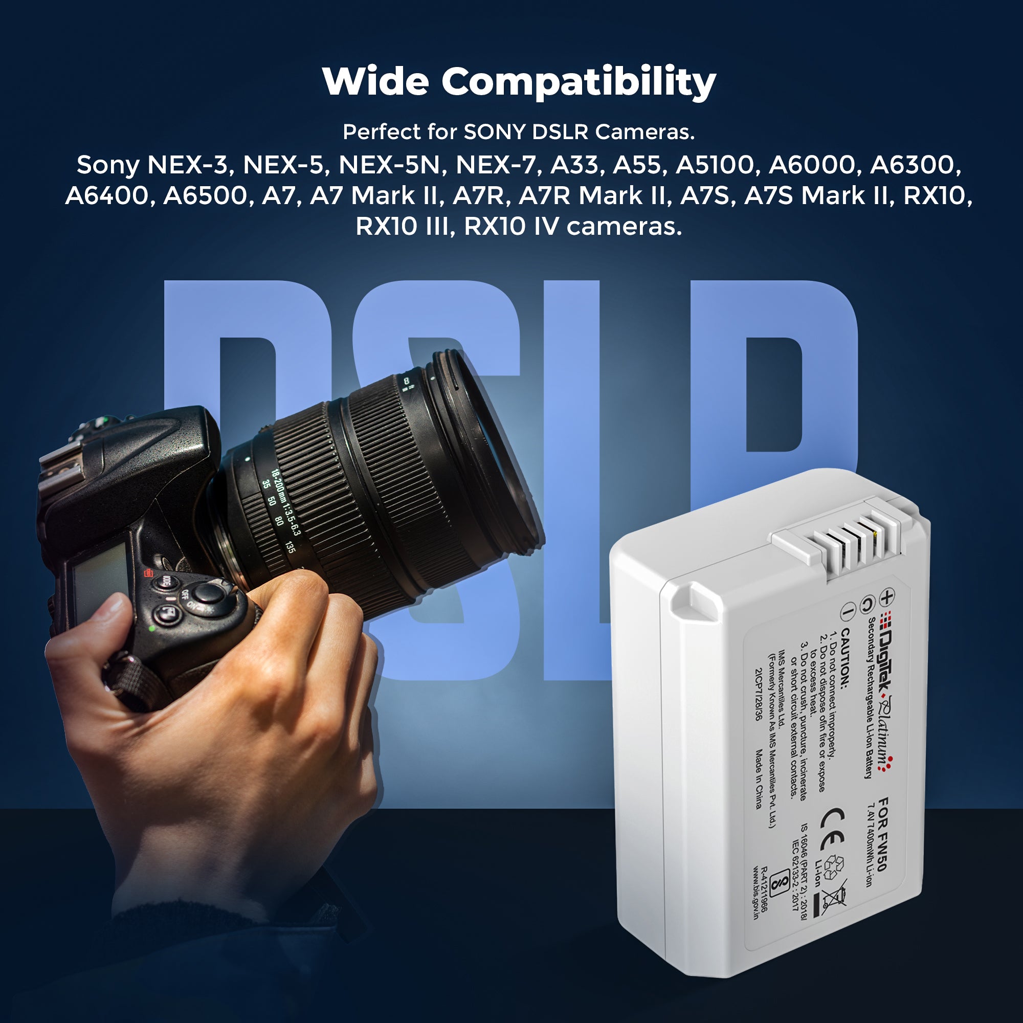 Digitek Platinum (NP-FW50) 2100mAh Extra Power Li-ion Battery with Type-C Charging, For Sony Alpha A6000, A6100, A6300, A6400, A6500, A7, A7R, A7S, A7 II, A7R II, A7S II, RX10, RX10 II, RX10 III, RX10 IV