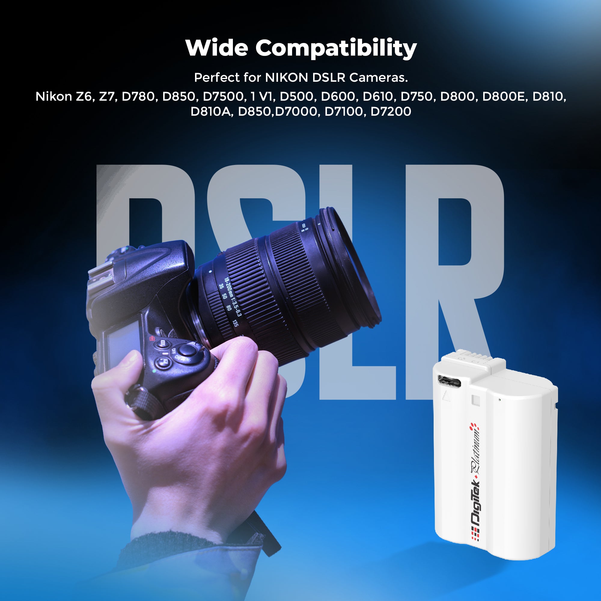Digitek Platinum (EL-EL15 Type C) 2600mAh Li-ion Battery for Nikon DSLR Cameras with Type-C Cable