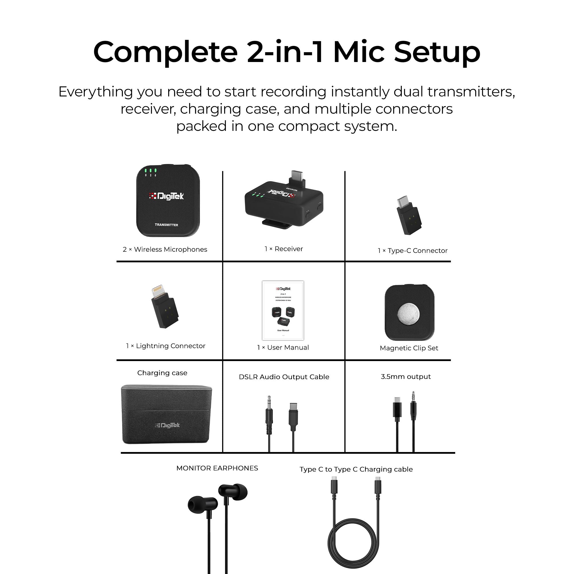 Digitek (DWM 121) Wireless Microphone System, TF Card Support, Type C & LTC Connector, 80M Range, 4.5Hr Run Time, Record with Android iOS Smartphone and DSLR for Vlogging, Interviews & Podcast