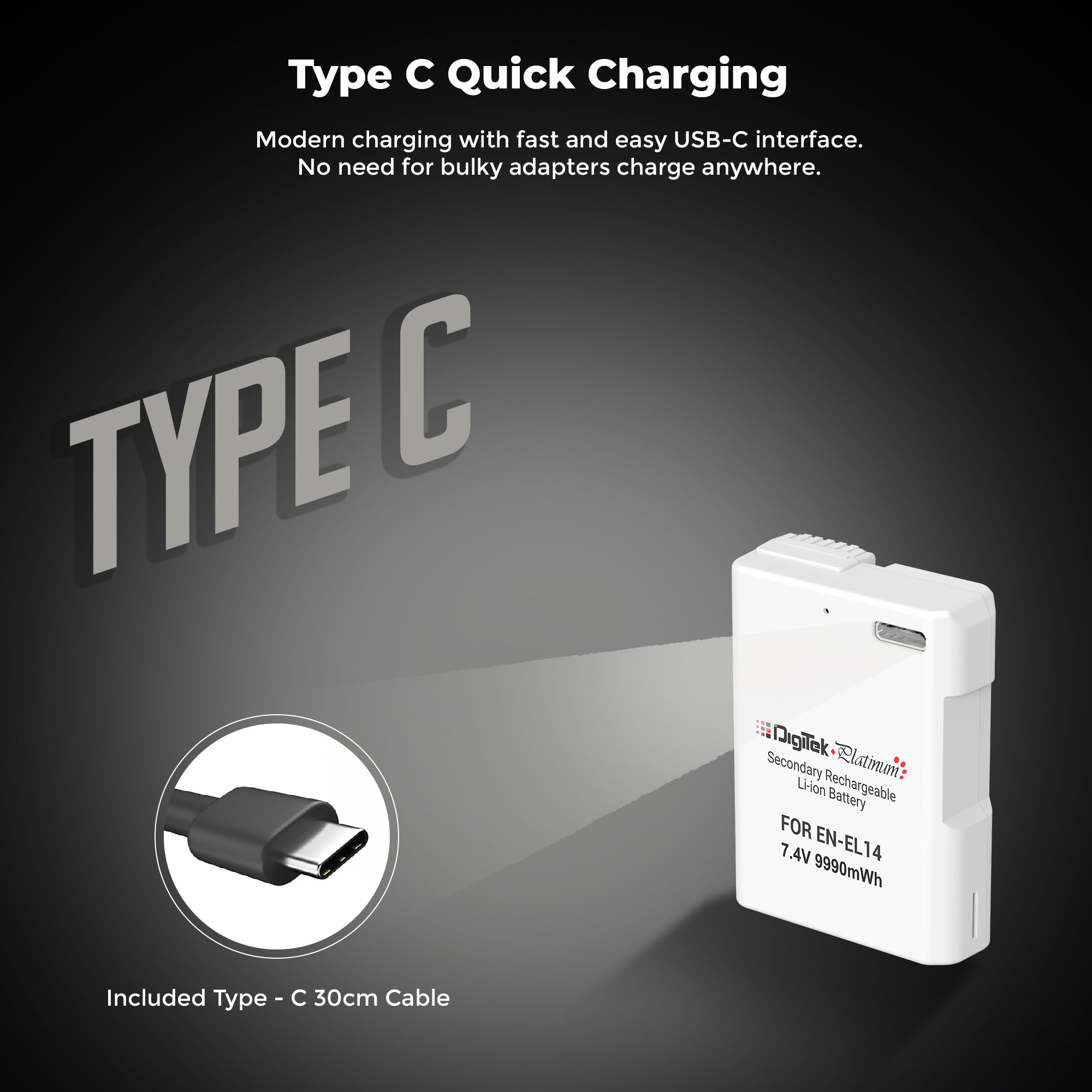 Digitek Platinum (EN-EL14 Type C) 1350mAh Li-ion Battery for Nikon DSLR Cameras with Type-C Charging Cable