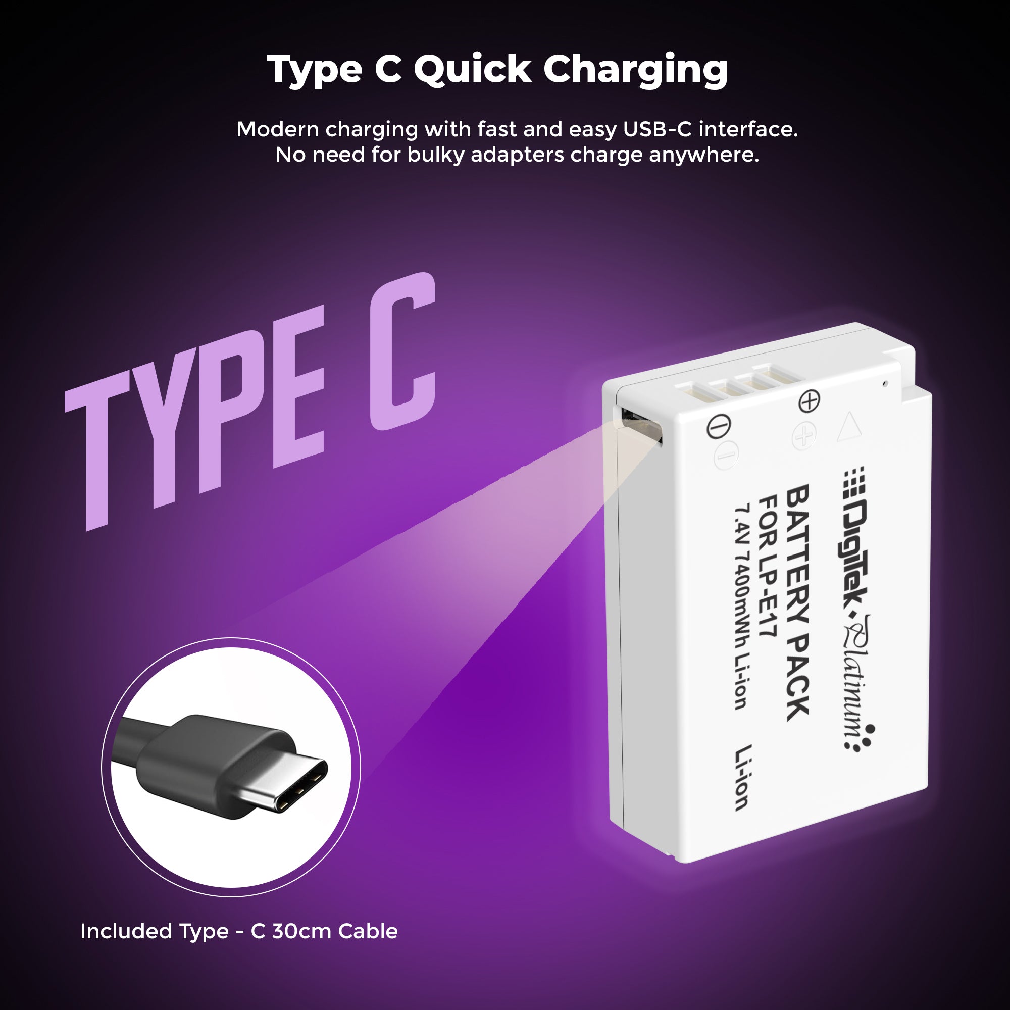 Digitek Platinum (LP-E17 Type C) 1250mAh Li-ion Battery for Canon DSLR Cameras with Type-C Charging Cable