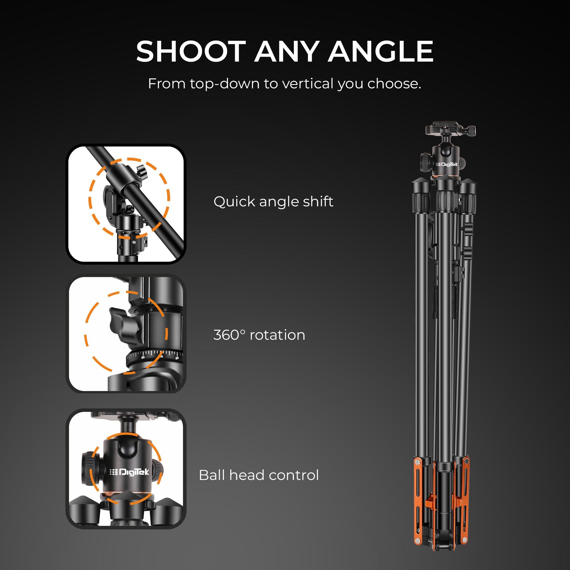 Digitek (DTR 830BH) 8.26ft Aluminum Light Stand Cum Tripod, 5Kg Max Load, 360° Adjustment, Ball Head, 4-Section, Overhead Shooting, 1/4 & 3/8 Screws, Cameras & Video Lights Compatible, for Photography