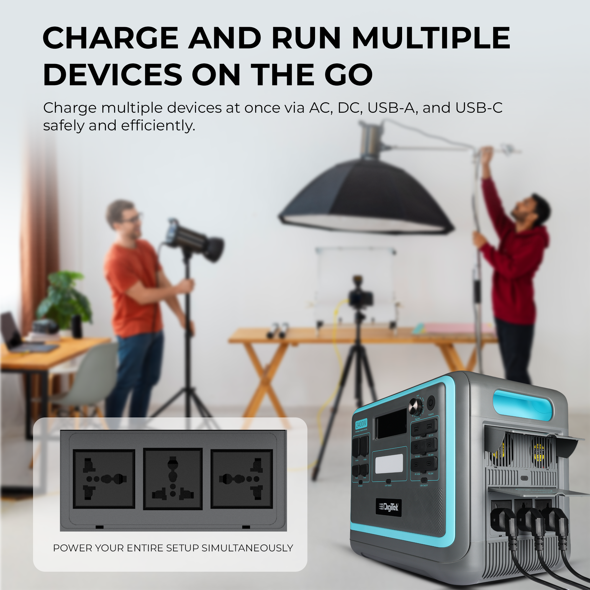 محطة الطاقة المحمولة Digitek Power Station DPS 2400W AC/DC متوافقة مع الأجهزة الإلكترونية AC/DC