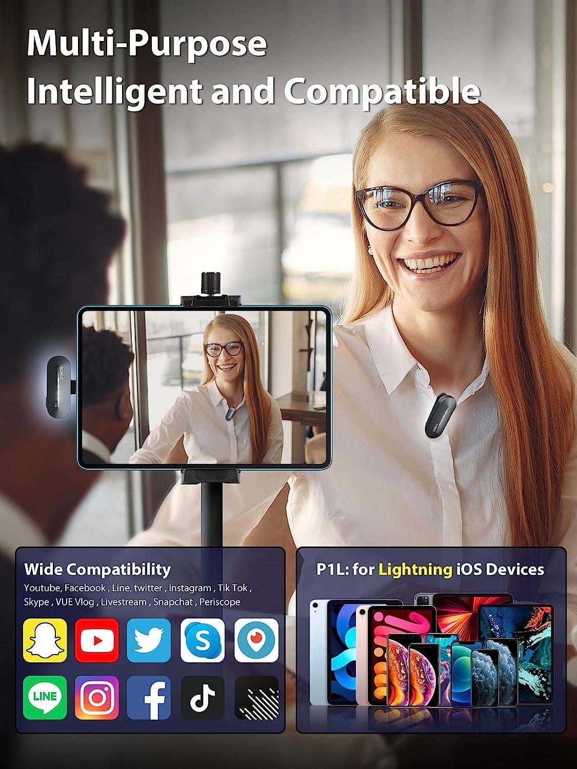 Synco (P1L) 2.4GHz Lapel Mic with Charging Case for iPhone Lightning iPad Smartphone YouTube TIK Tok Live Streaming Vlog, Wireless-Lavalier-Microphone-Lapel-iPhone, Wireless Microphone for iPhone - Digitek