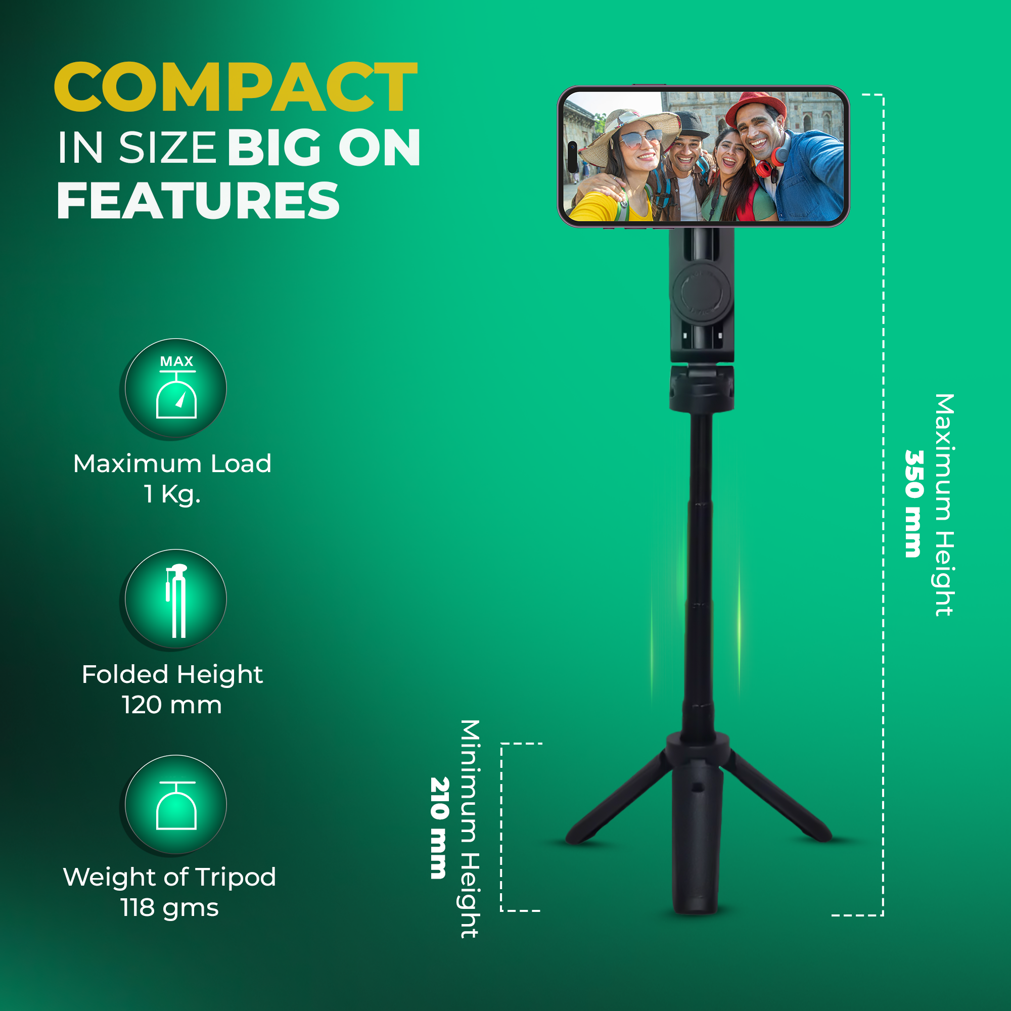 Digitek (DTR 350 SS) Magnetic Selfie Stick Tripod with 10m Bluetooth Remote, Pocket-Sized Design, 1Kg Max Load, 360° Rotation, Magnetic Phone Mount, Ideal for Travel and Vlogging