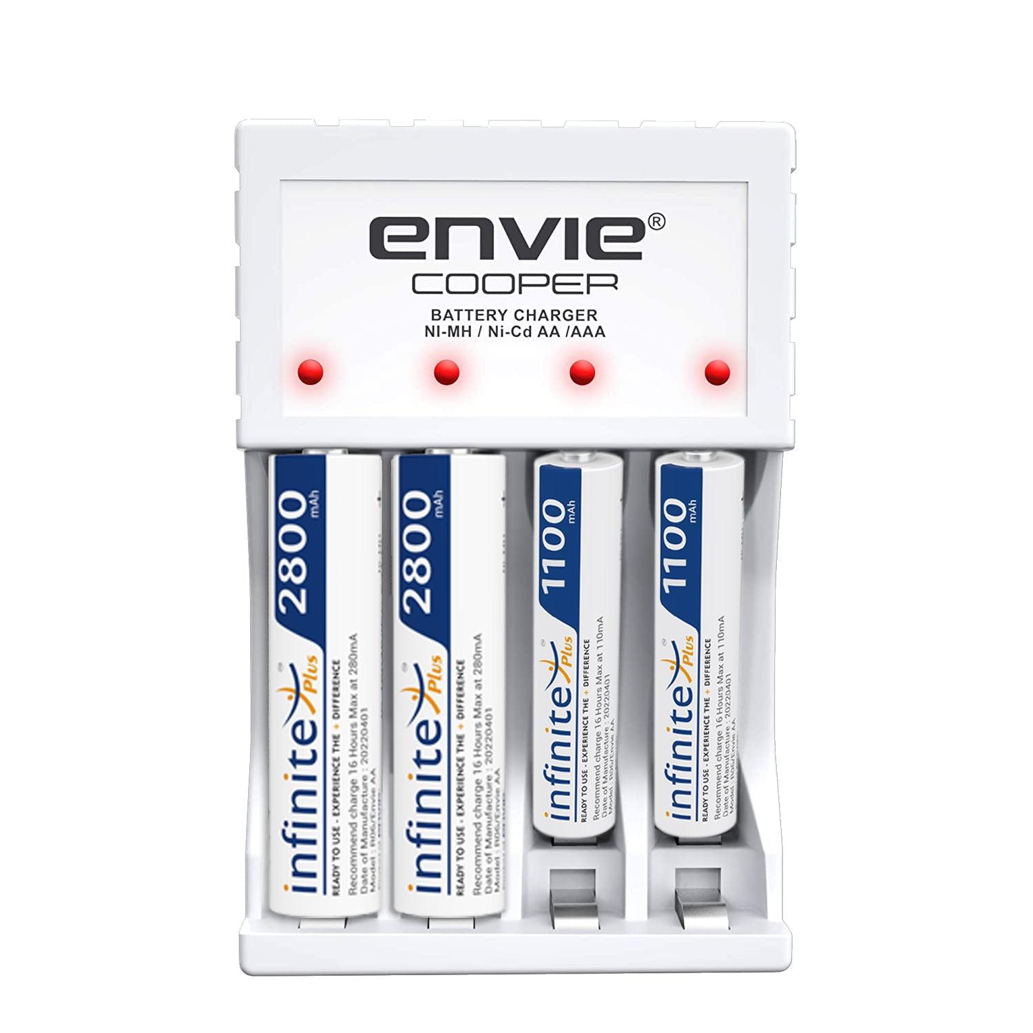 ENVIE (ECR 20MC+2800+1100) Standard Charger ECR 20 MC for AA & AAA Ni-mh/Ni-Cd Rechargeable Batteries | LED Indicator | 600MA Output Current | with 2xAA2800 & 2xAAA1100 Rechargeable Batteries - Digitek
