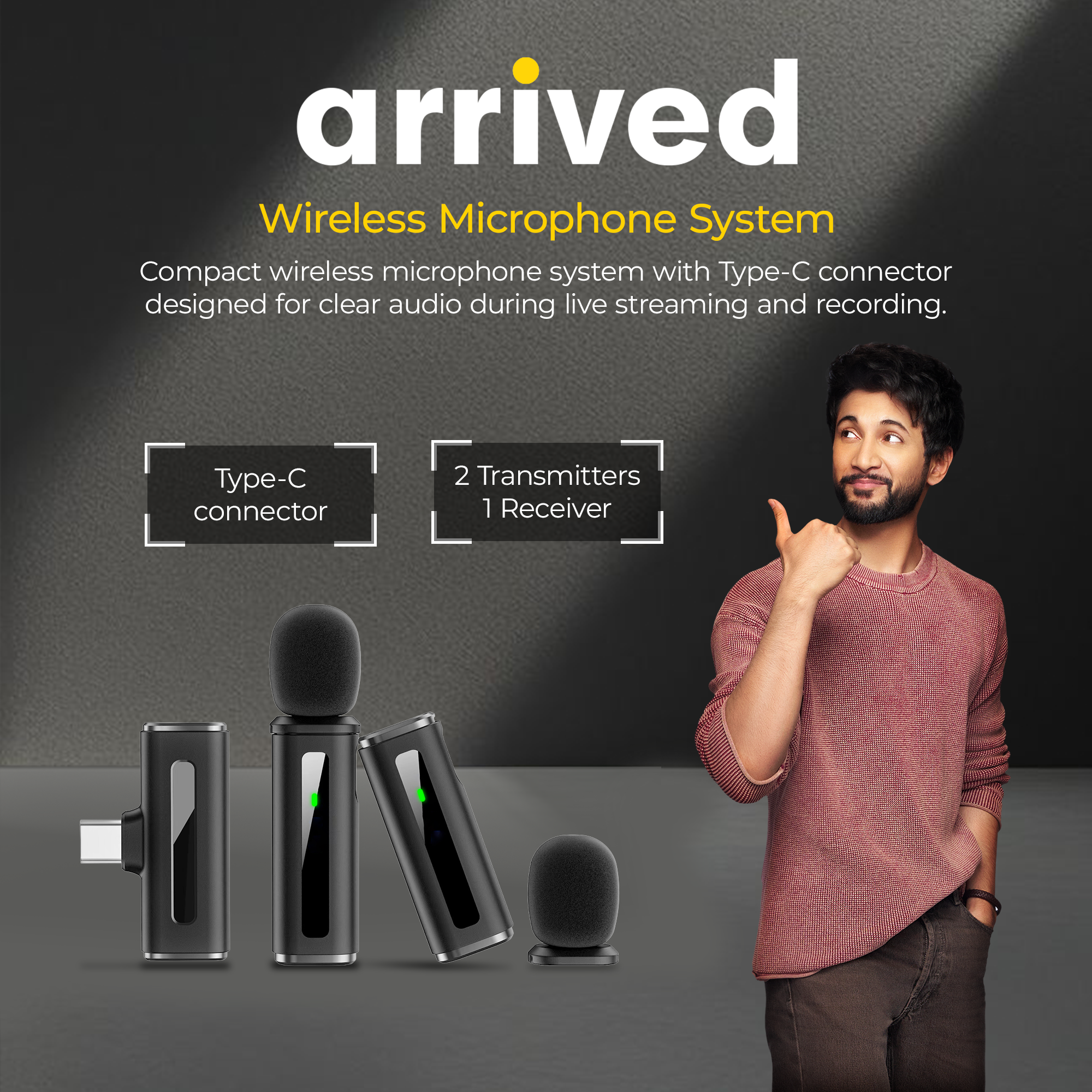 Digitek (DWM 014) Wireless Microphone System with Type-C Connector, 2 Transmitters & 1 Receiver, 40m Range, Noise Cancellation, 7H Battery, 2.4GHz Low Latency Mic, Ideal for vloggers & creators