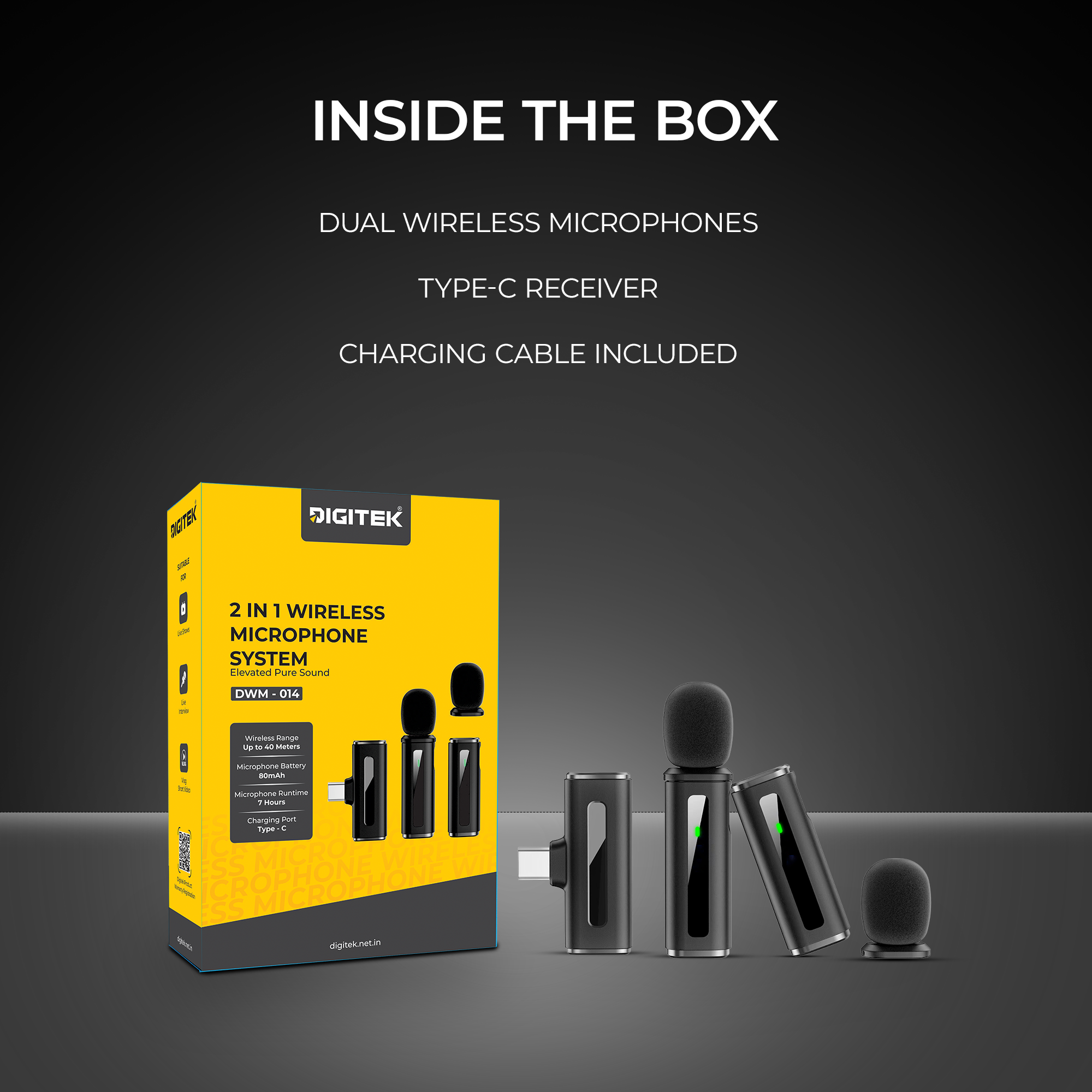 Digitek (DWM 014) Wireless Microphone System with Type-C Connector, 2 Transmitters & 1 Receiver, 40m Range, Noise Cancellation, 7H Battery, 2.4GHz Low Latency Mic, Ideal for vloggers & creators