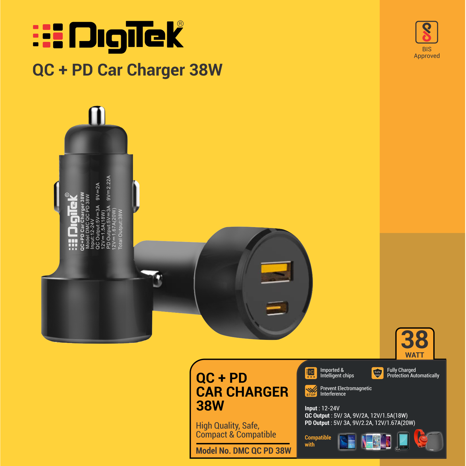 Digitek (DMC QC PD 38W) Charger Car USB PD 38W DMC QC PD 38W