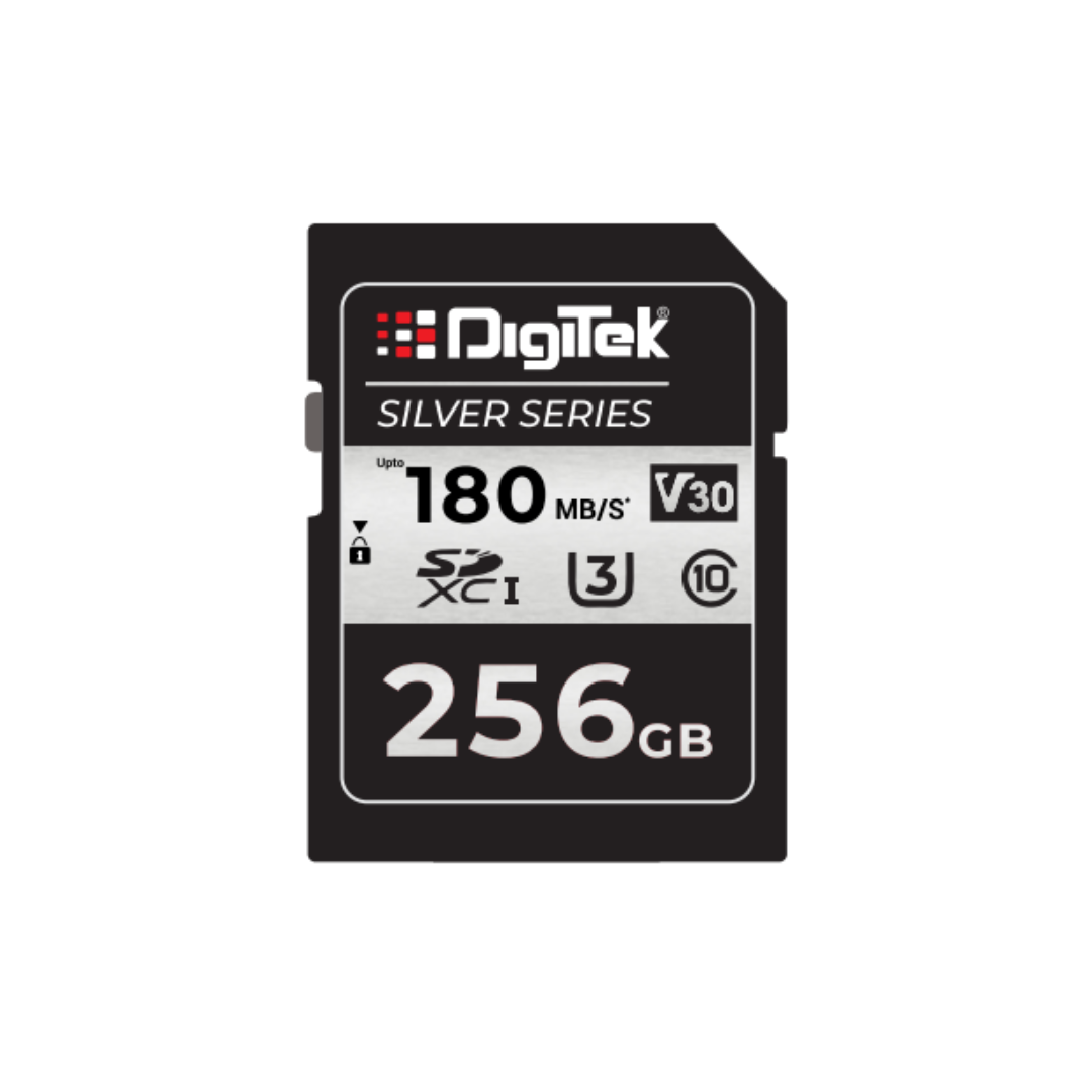 Digitek (DUHS-1 256GB SD SILVER) 256GB SDXC V30 UHS-I U3 Memory Card, Up to 180MB/s Read & 160MB/s Write Speed, 4K UHD, RAW Recording, C10, Durable Silver Edition