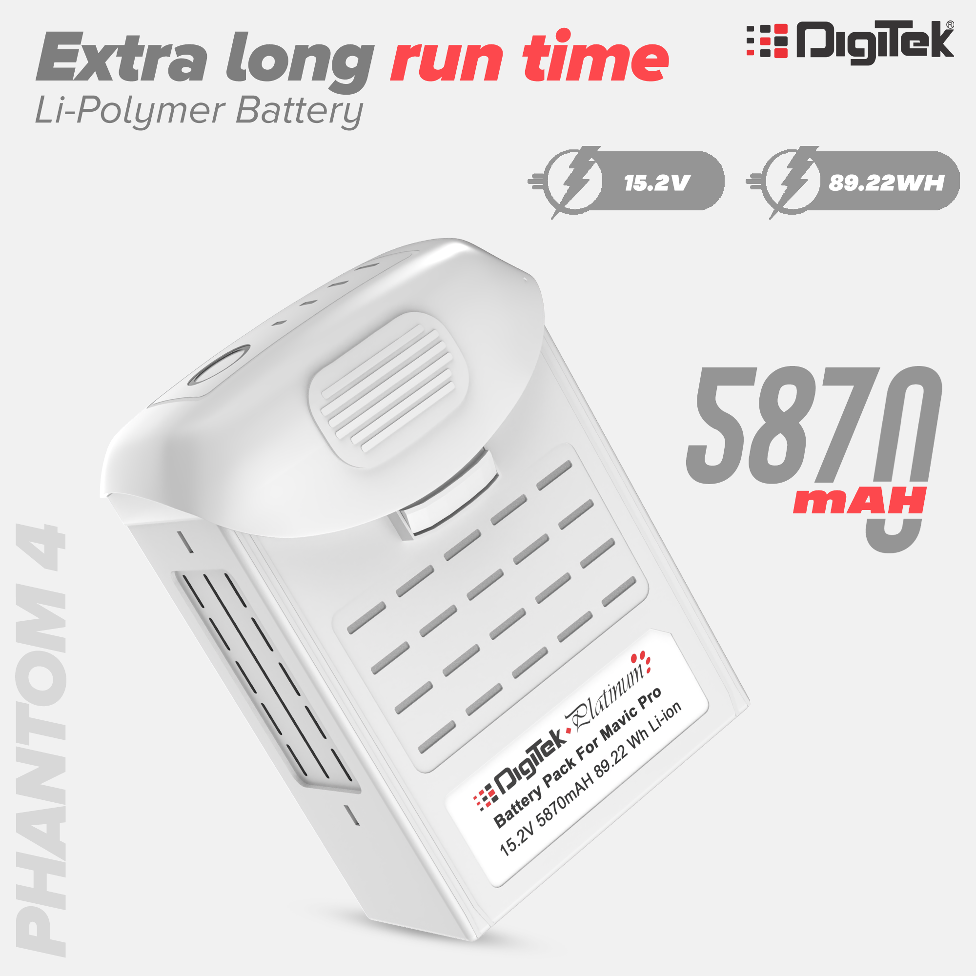 Digitek (DJI Phantom 4) Lithium-ion Rechargeable Battery with LED Indicator and Smart IC | Compatible with Phantom 4 Series Drones, up to 28 Minute Flying time