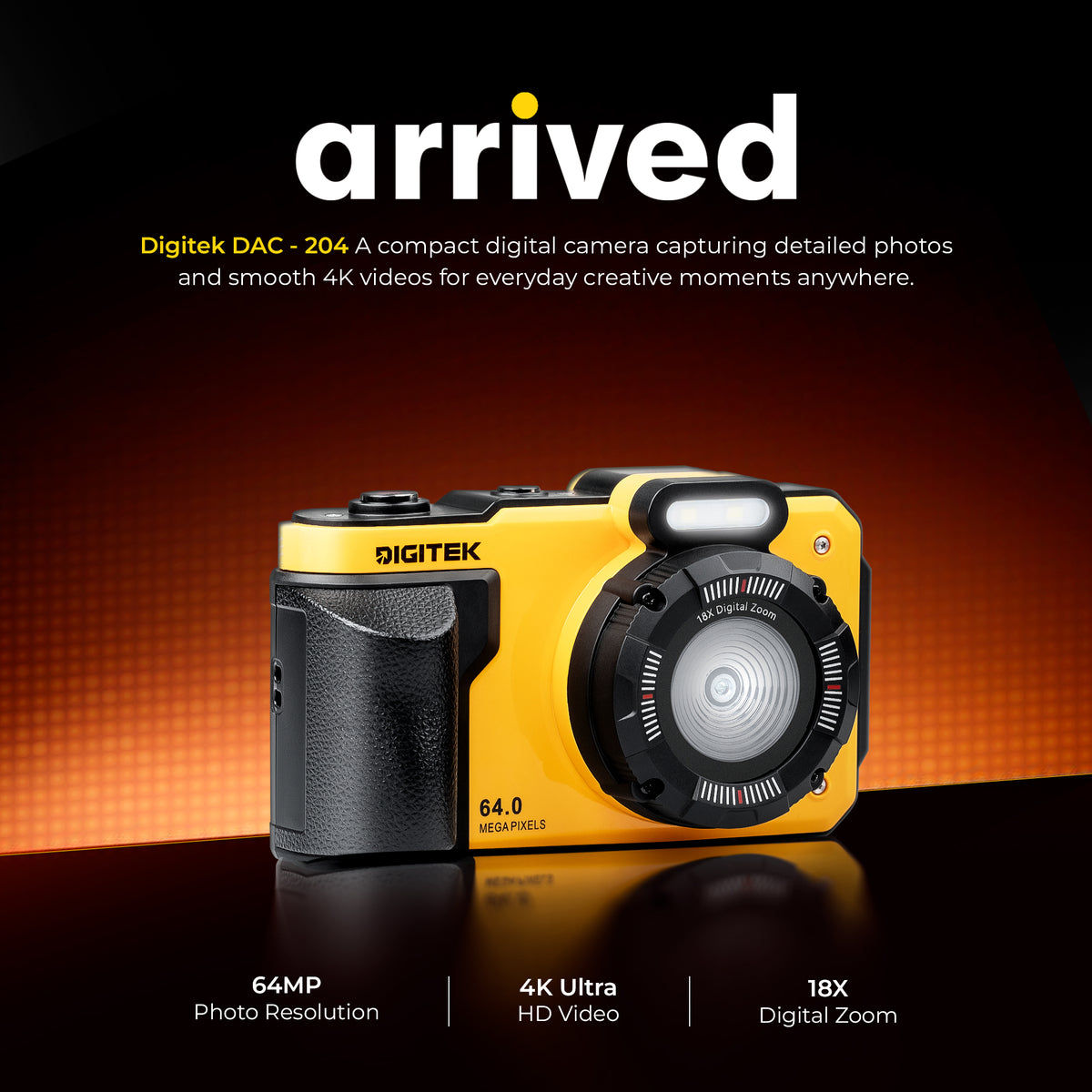 Digitek DAC-204 4K Digital Camera, 64MP Photo Resolution, 4K Ultra HD Video Recording, 2.88 Inch LCD Screen, Auto Focus, 18X Digital Zoom, WiFi Control, Slow Motion, Time-Lapse, Type-C Charging