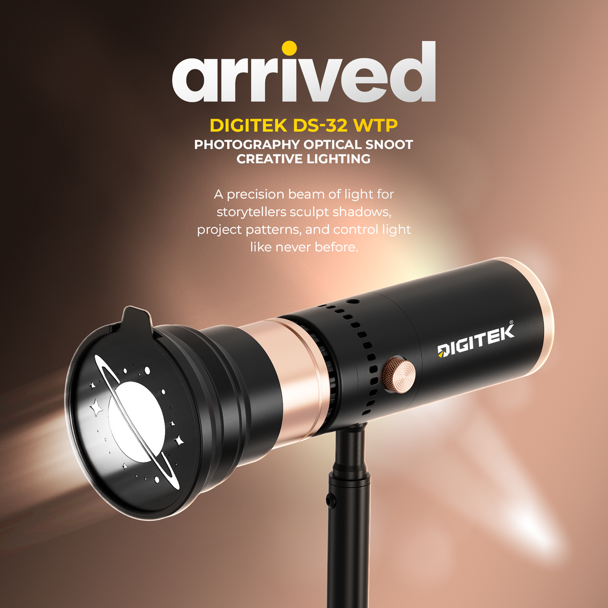 Digitek DS-32 WTP Photography Optical Snoot Light 32W, 4500mAh Battery, CRI 95+, 4 Color Light Modes, 20 Projection Gobos, 1-100% Dimming, Type-C Fast Charging, Creative Photography Lighting