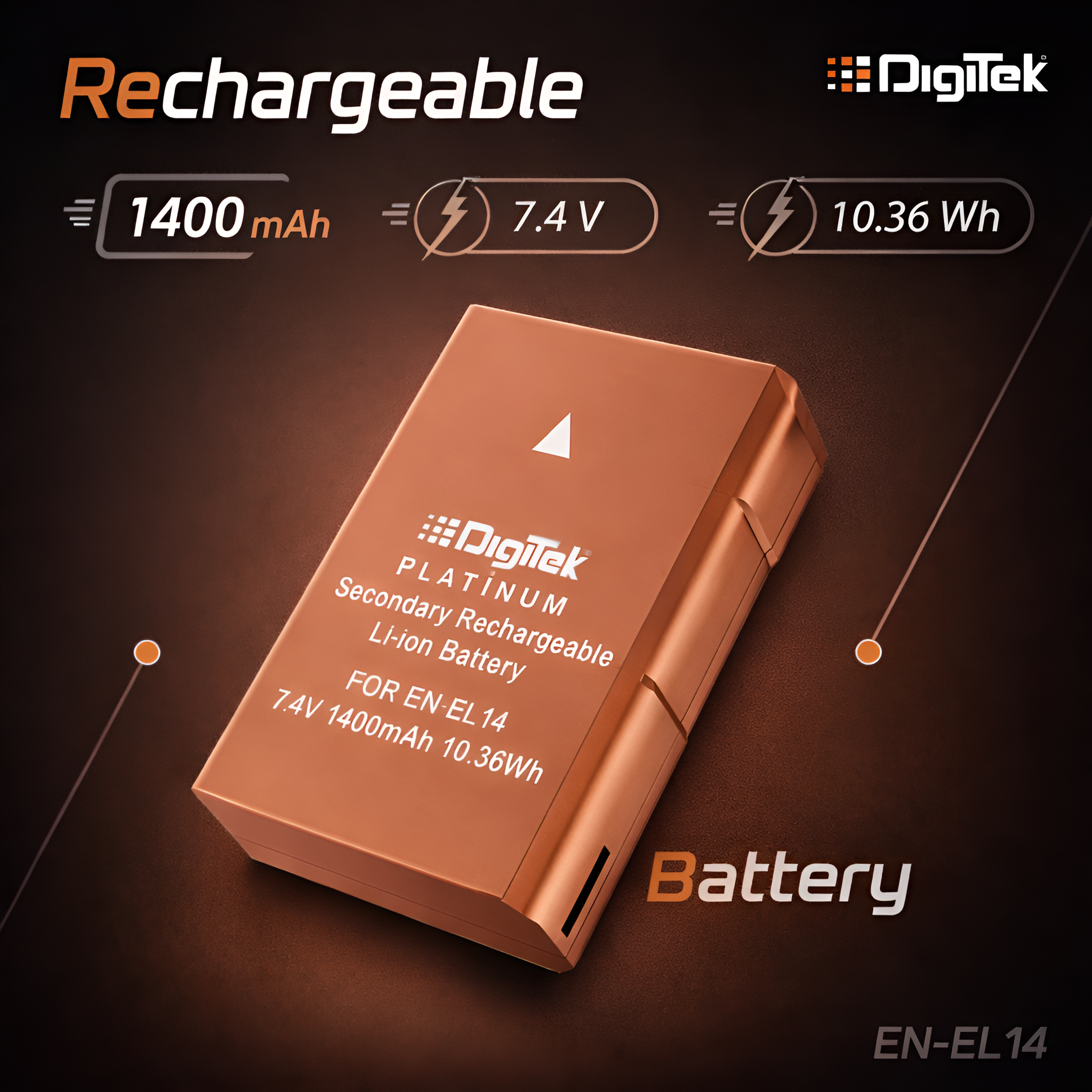 Digitek (ENEL14 Platinum) 1400 mAh Secondary Rechargeable Battery Packs for Digital Camera . Compatiable With Nikon D3100 D3200 D3300 D3400 D3500 D5100 D5200 D5300 D5500 D5600 & COOLPIX P7000 P7100 P7700 & P7800.