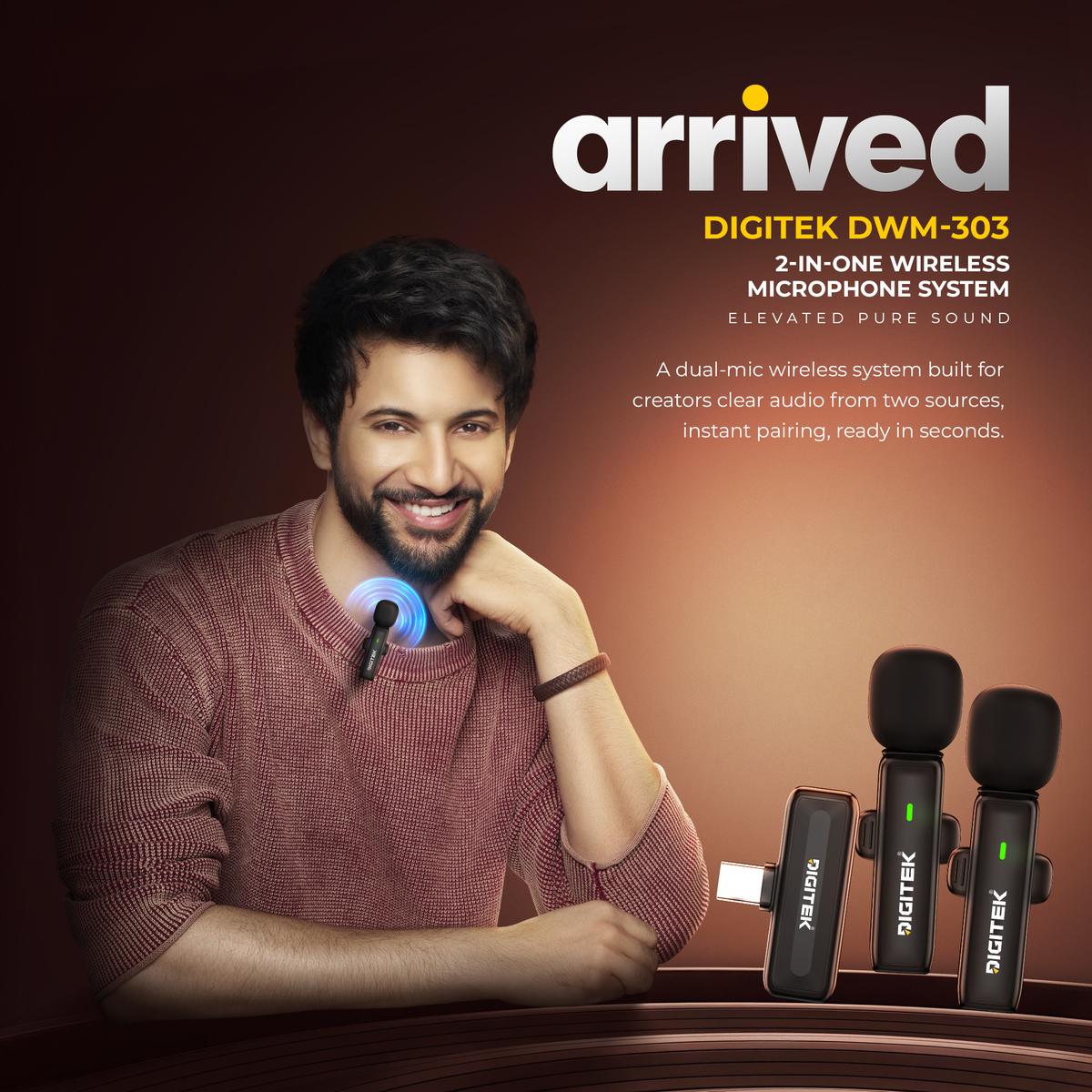 Digitek DWM-303 2-in-1 Wireless Microphone System for USB Type-C Smartphones, Dual Wireless Lavalier Microphones, 2.4GHz Transmission, ENC Noise Reduction, Plug & Play, Up to 30m Range, 5 Hours Runtime for Vlogging, Interviews & Live Streaming