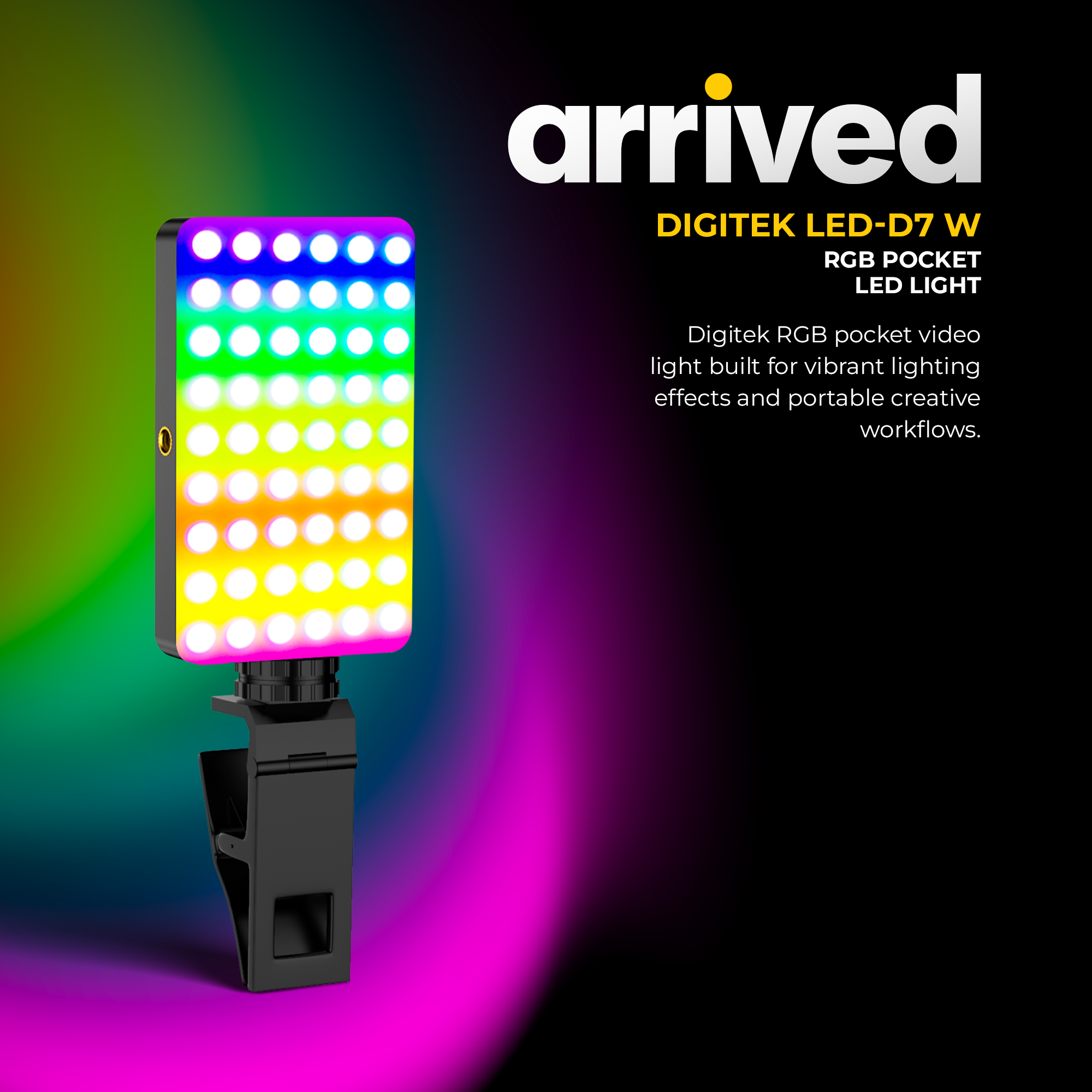 Digitek LED-D7W RGB Video Light, 7W Portable LED Pocket Light, 2700K–6500K + RGB, 16 RGB FX Modes, 138 LED Beads, 1800mAh Battery, Type-C Charging, 1/4" Screw & Cold Shoe Mount for Camera & Smartphone