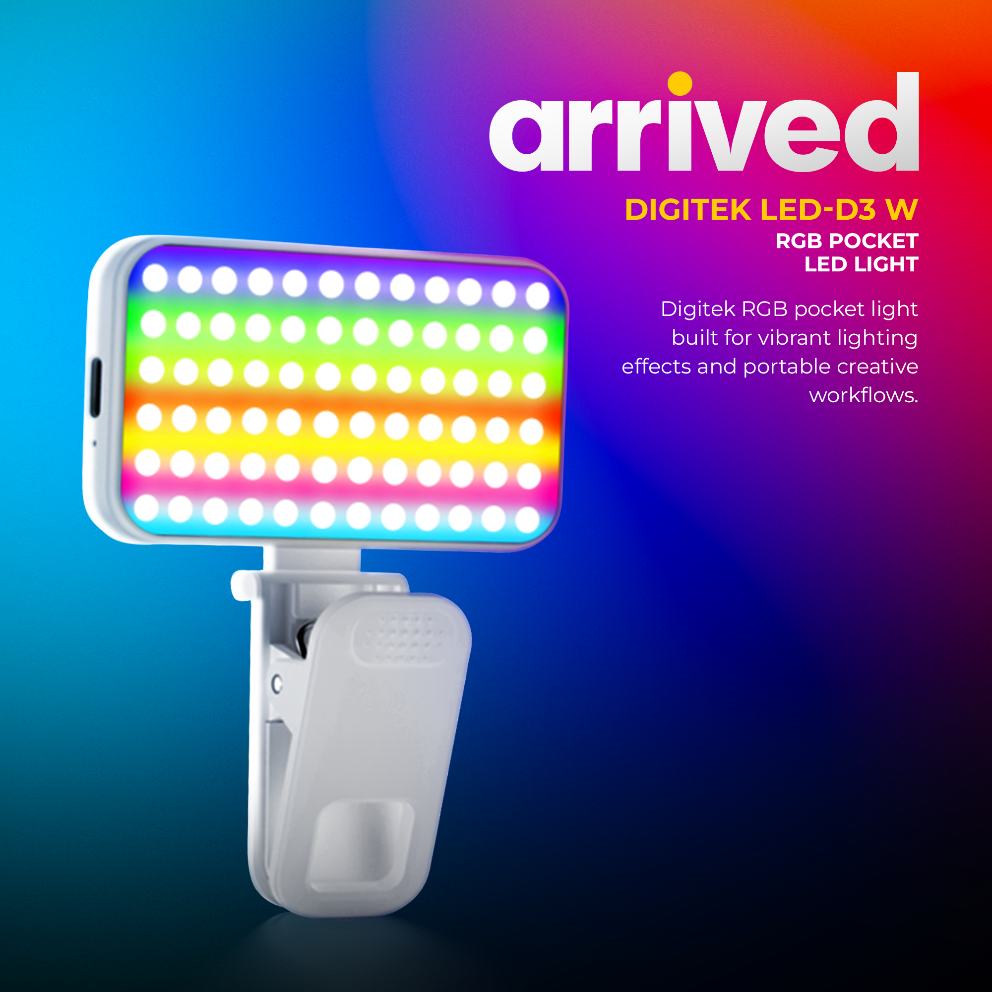 Digitek LED-D3W RGB Pocket Light, 3W Rechargeable RGB Video Light, 2700K-6500K Adjustable Color Temperature, 32 LED Beads, 23 RGB Effects, 180° Rotation, Type-C Charging for Photography, Vlogging