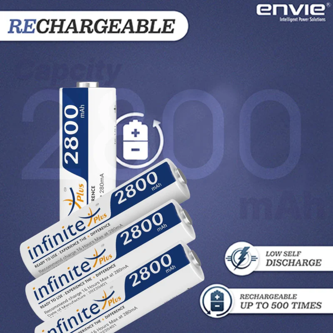 ENVIE (AA28004PL) AA Rechargeable Batteries | High Capacity Ni-MH | 2800 mAh | Low Self Discharge | Pre-Charged (Pack Of 4) (AA28004PL)