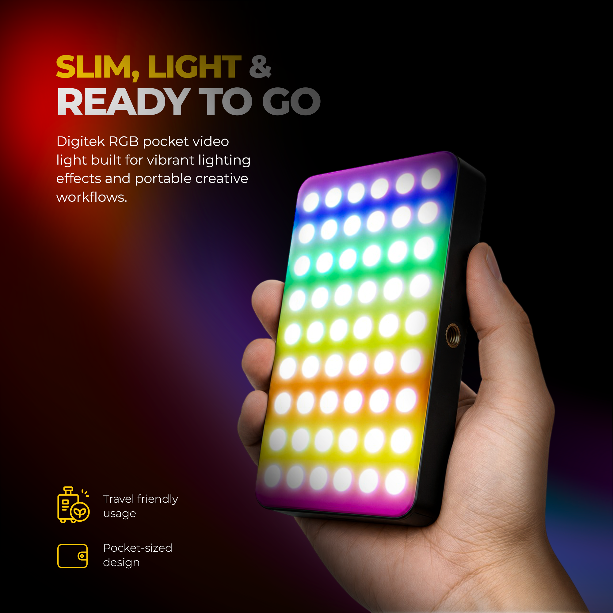 Digitek LED-D7W RGB Video Light, 7W Portable LED Pocket Light, 2700K–6500K + RGB, 16 RGB FX Modes, 138 LED Beads, 1800mAh Battery, Type-C Charging, 1/4" Screw & Cold Shoe Mount for Camera & Smartphone